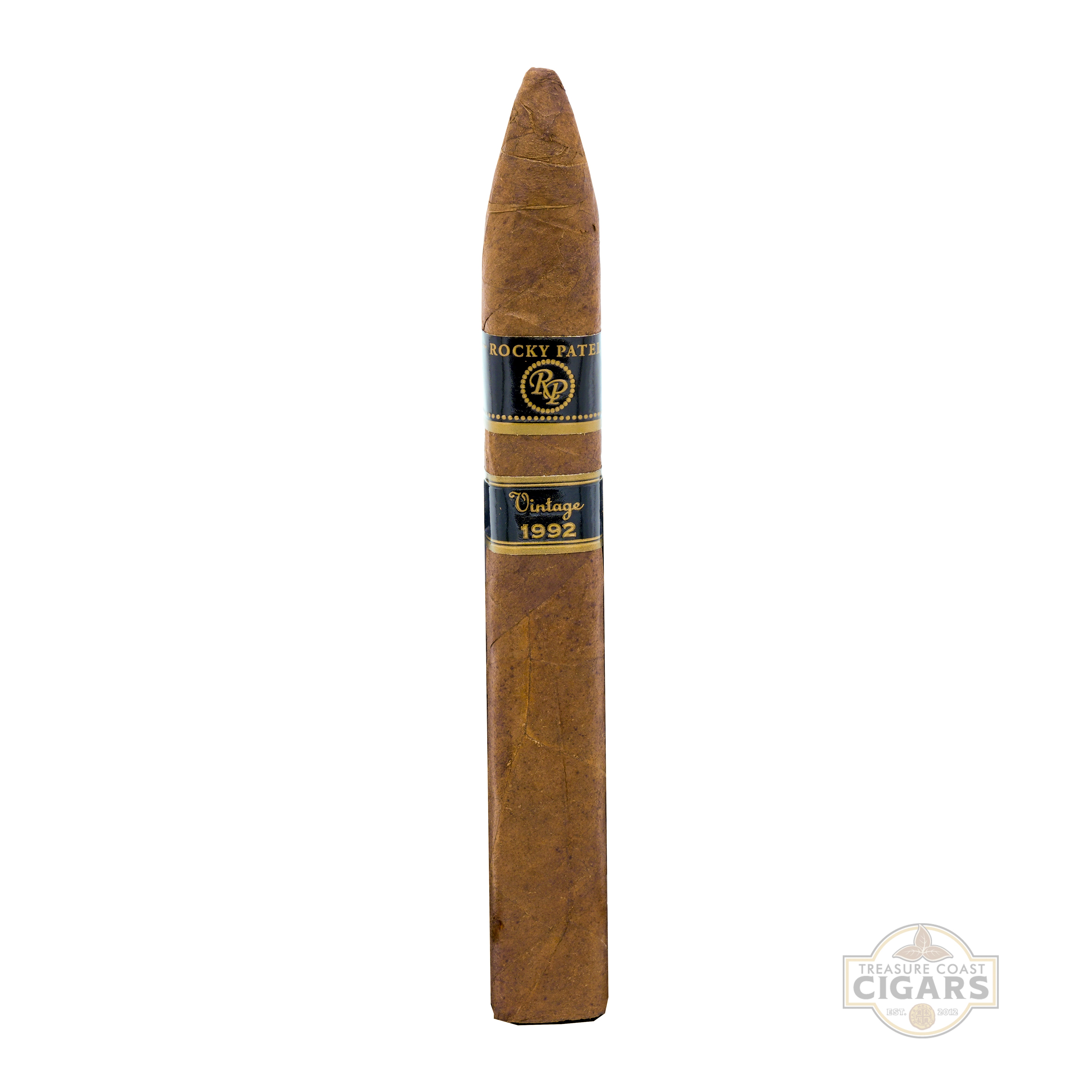 Cigar with Rocky Patel branding on a white background