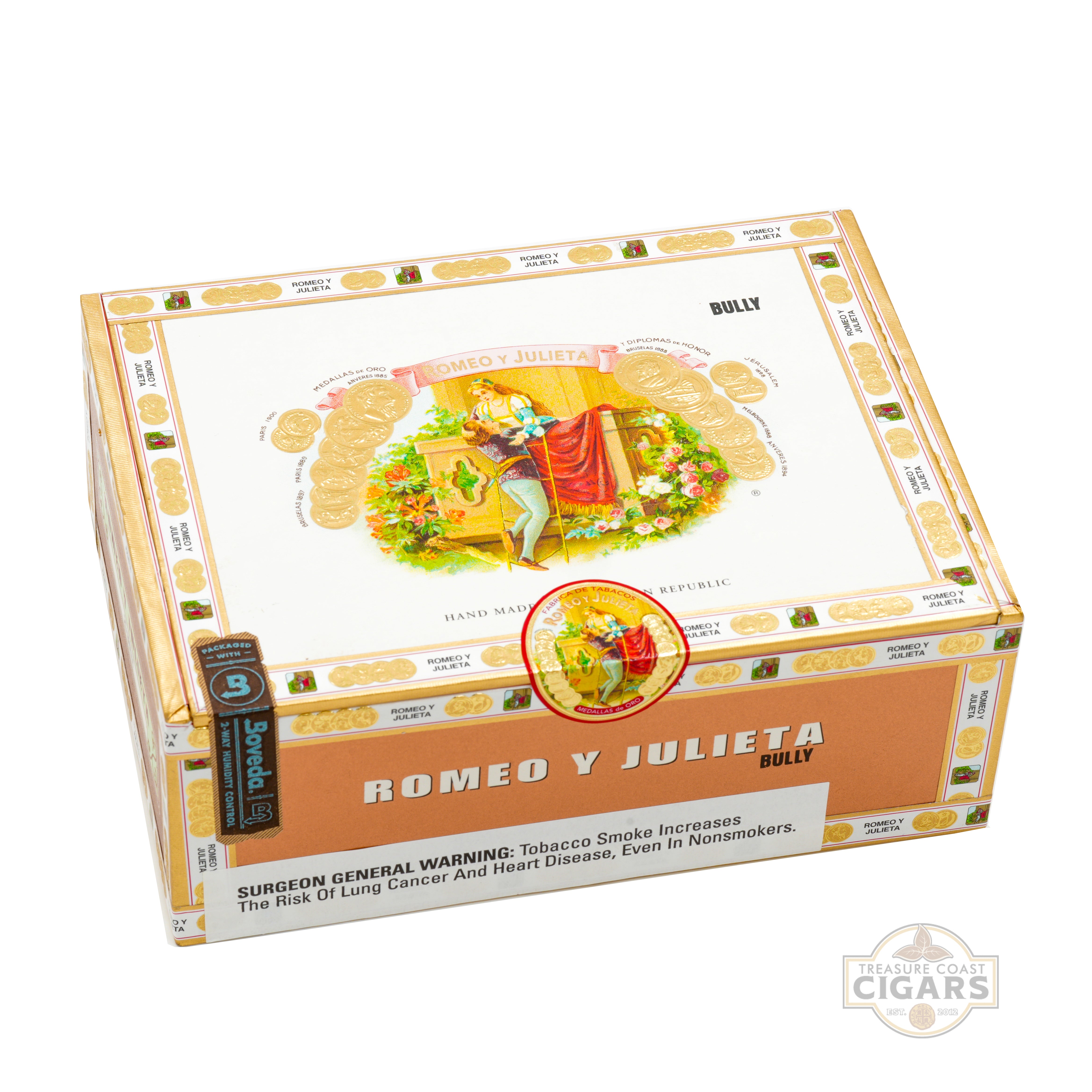 Box of Romeo y Julieta Bully cigars with branding and warning labels on a white background