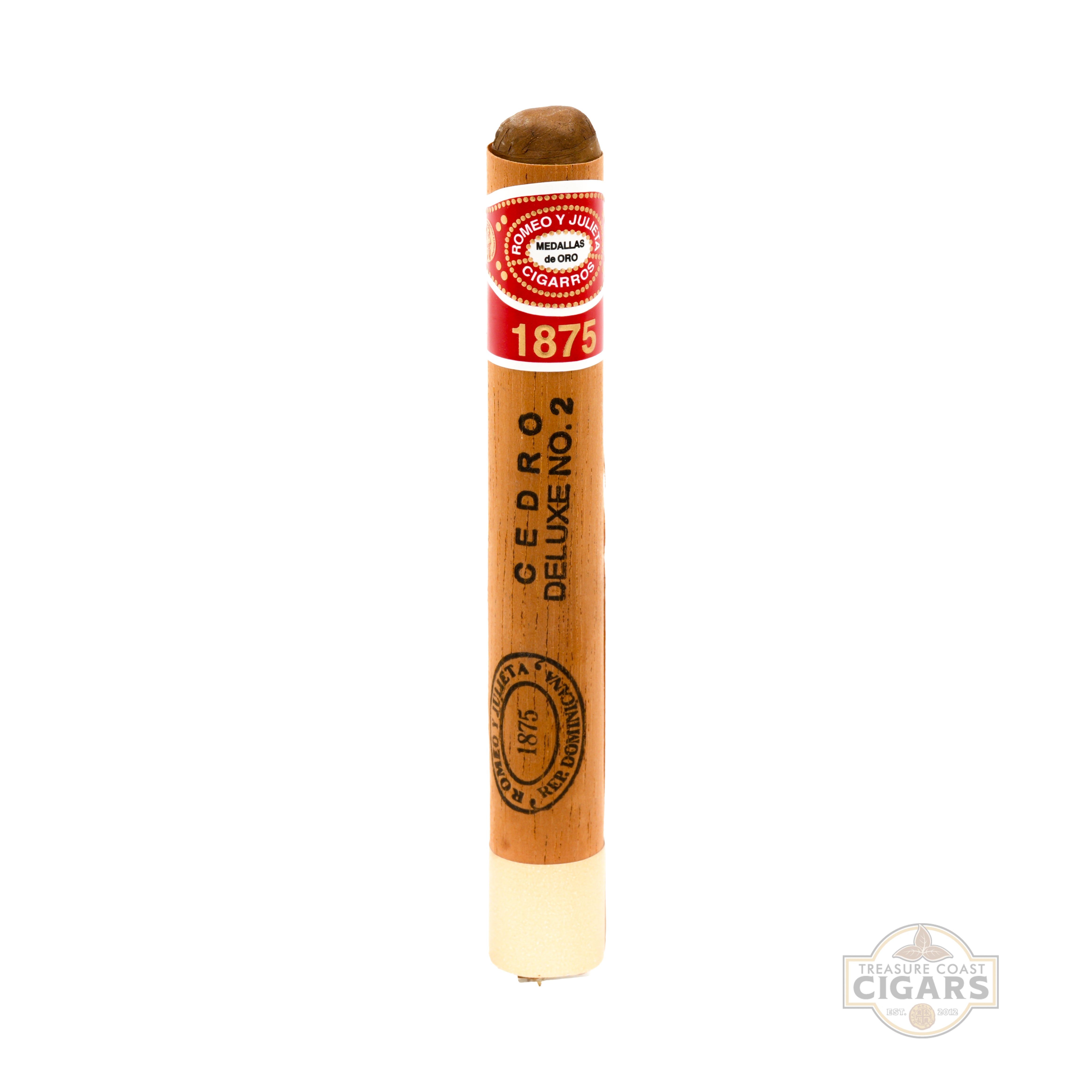 Cigar with a red band and wooden casing on a white background