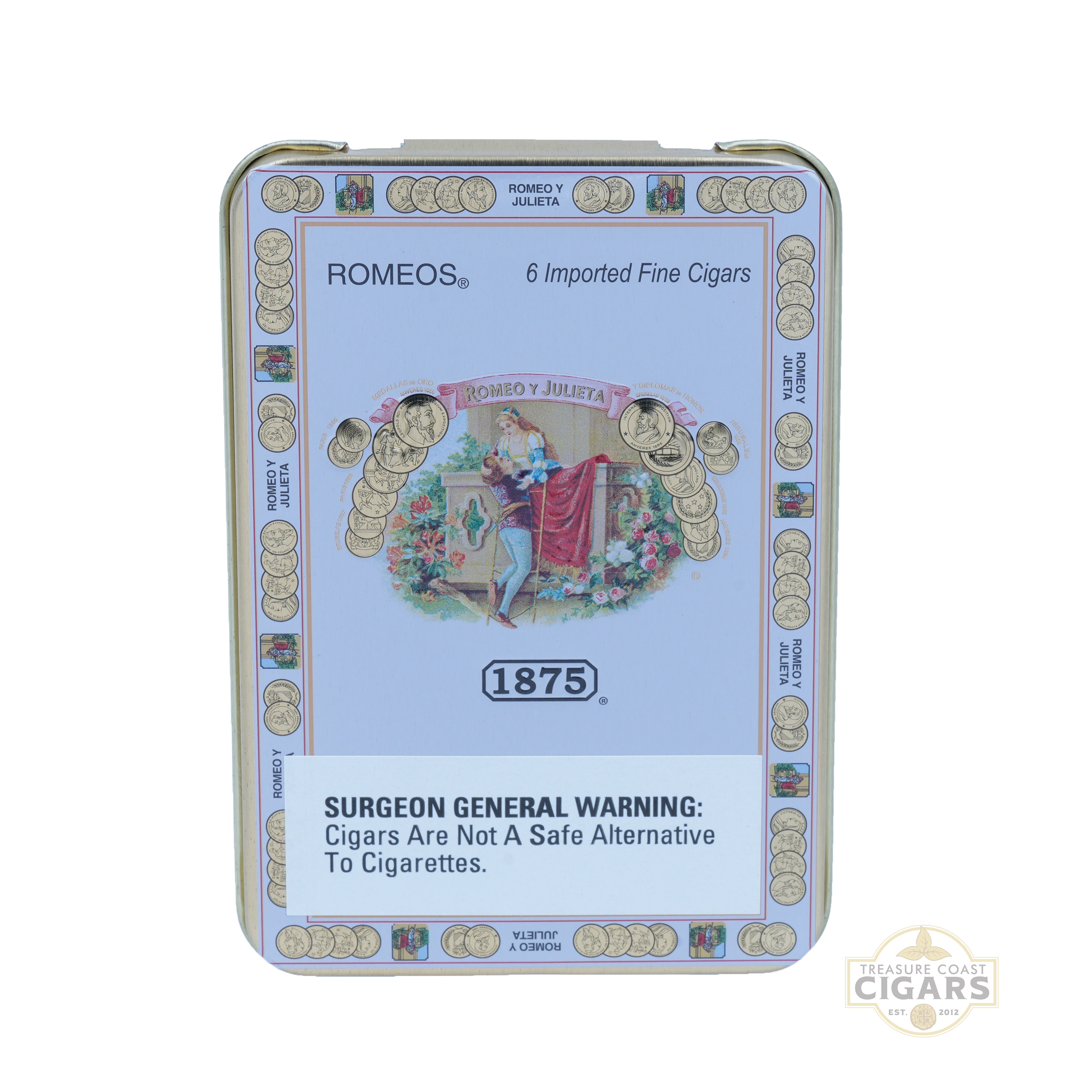 Cigar tin with branding and warning label on a white background
