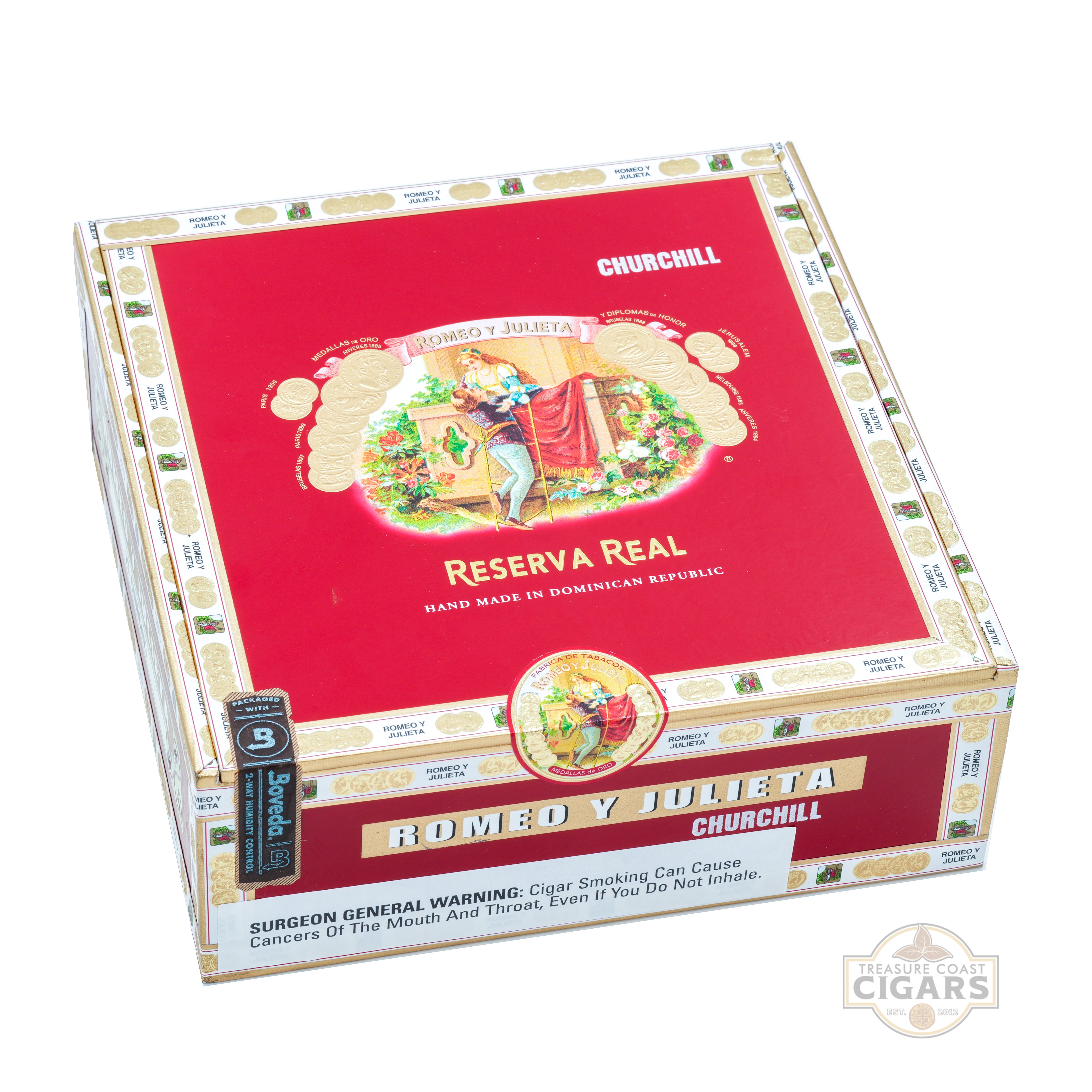 Box of Reserva Real Romeo Y Julieta Churchill cigars with red and gold design.