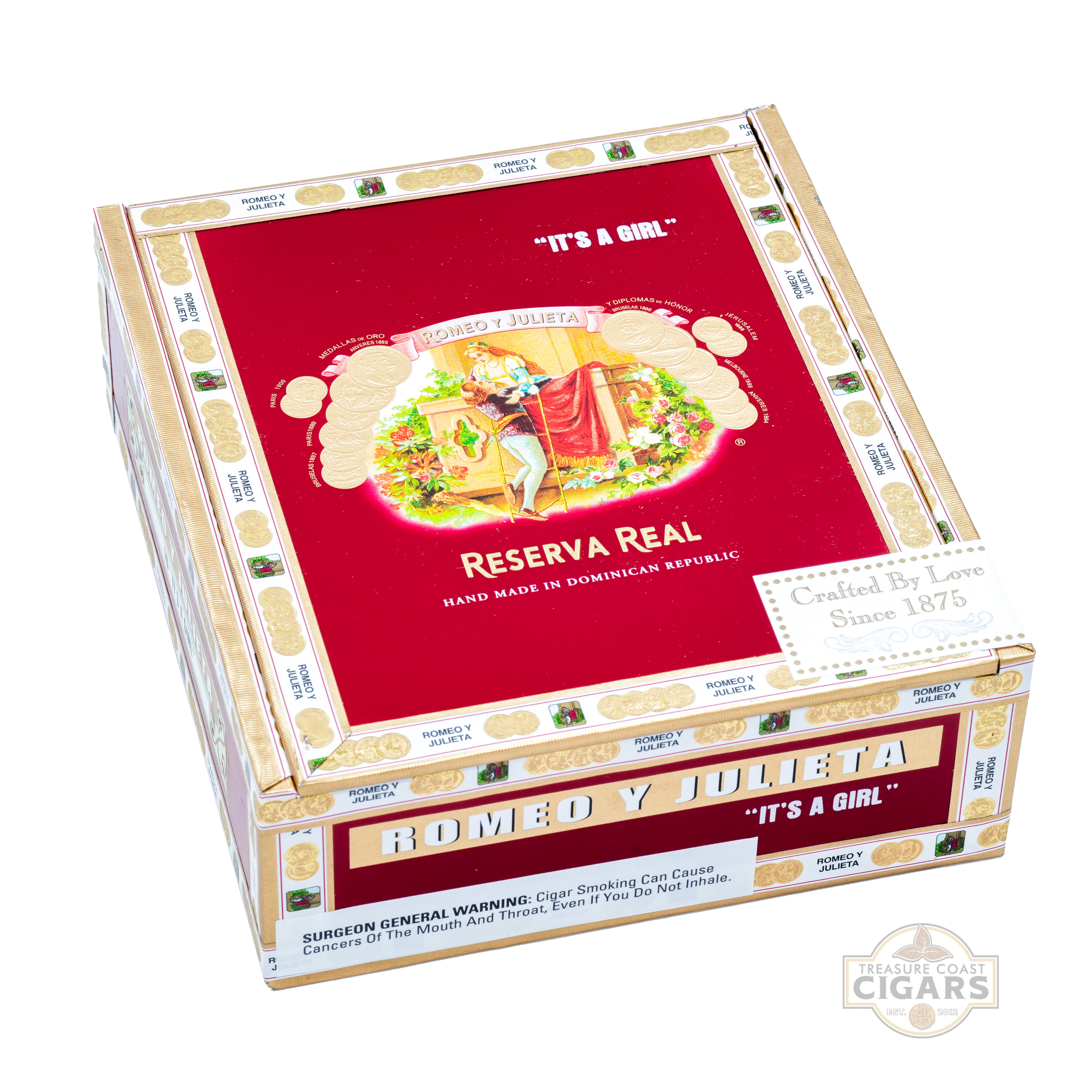 Cigar box with 'Reserva Real' branding and 'It's a Girl' message on a white background