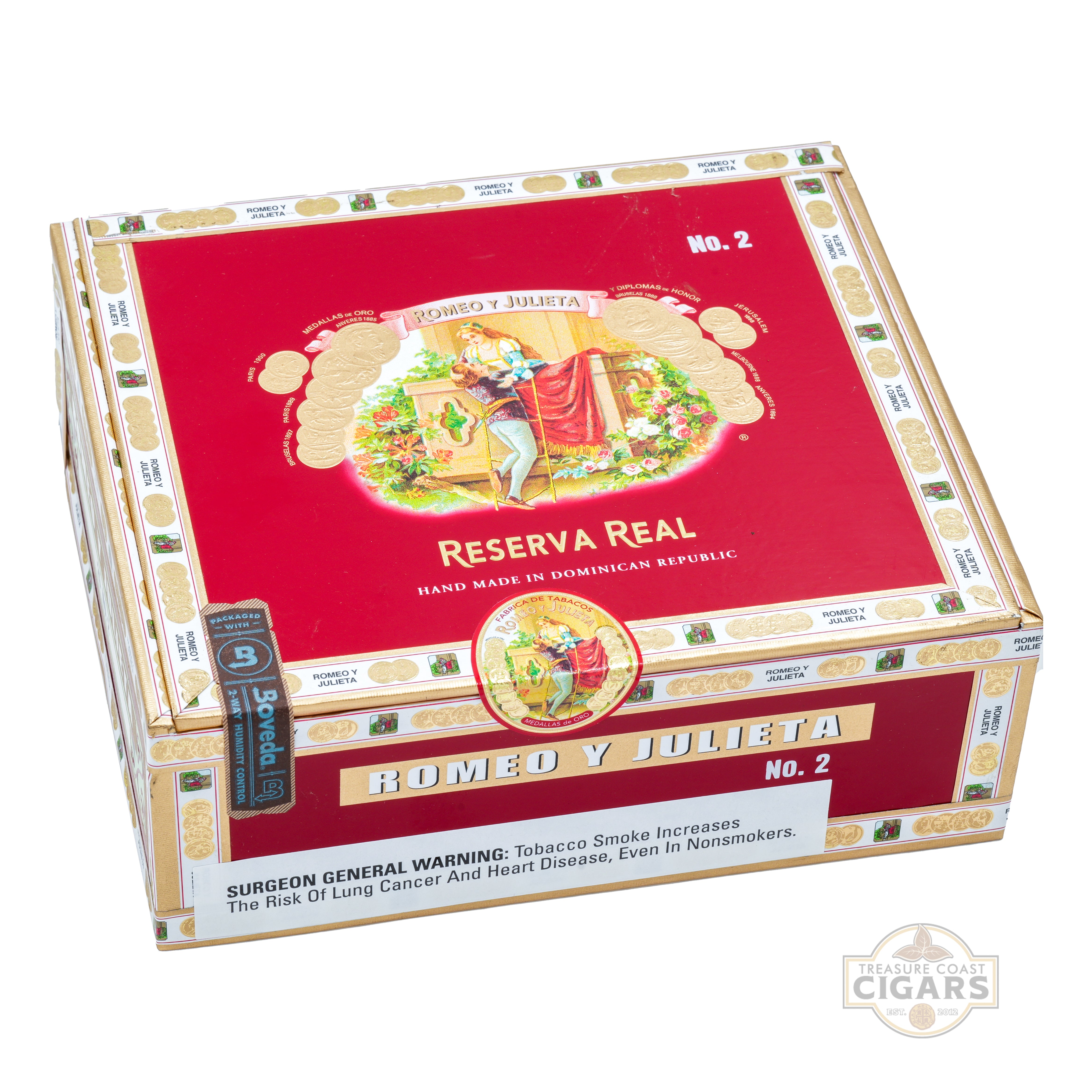 Cigar box with 'Romeo y Julieta Reserva Real' branding on a white background