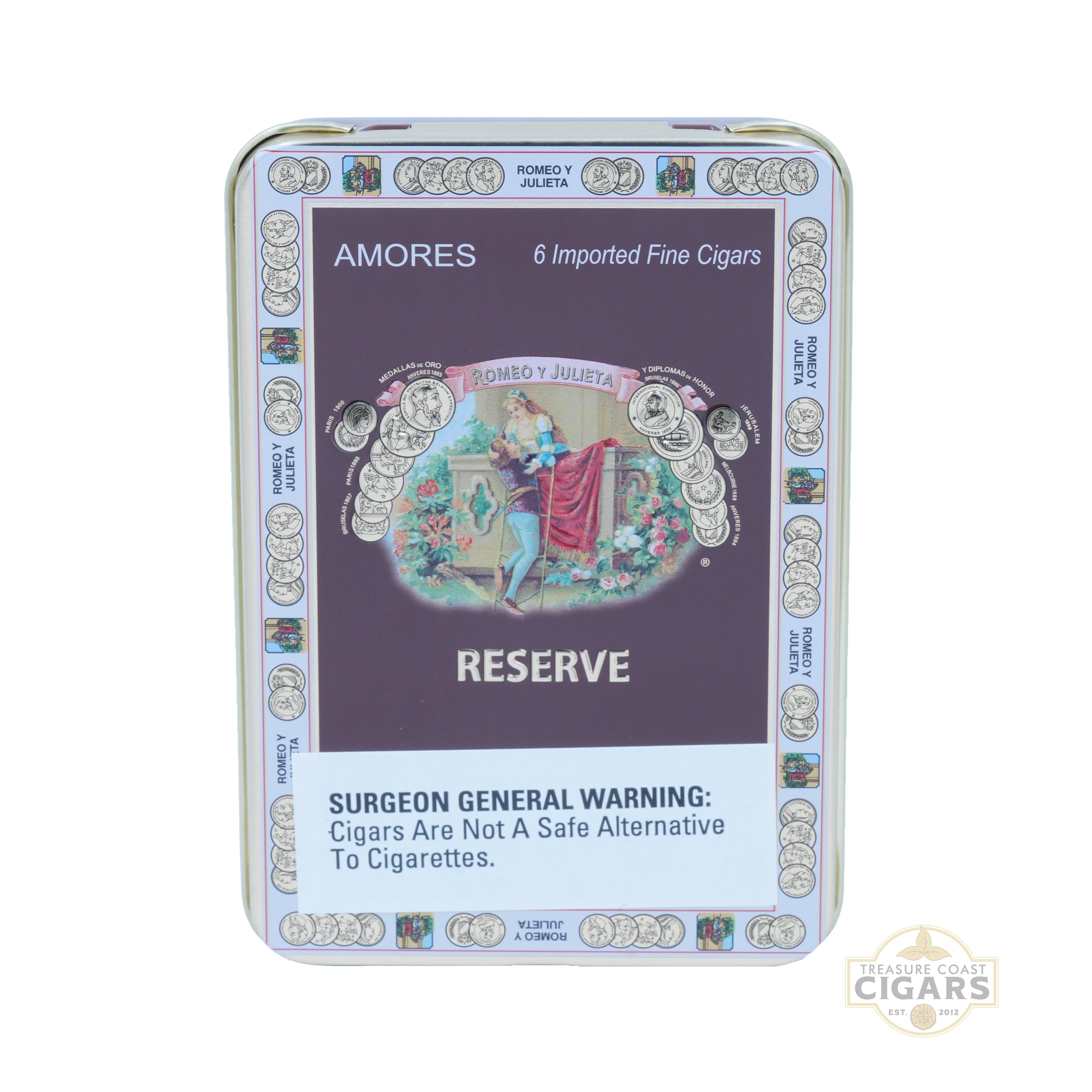 Cigar tin with decorative design and text on a white background