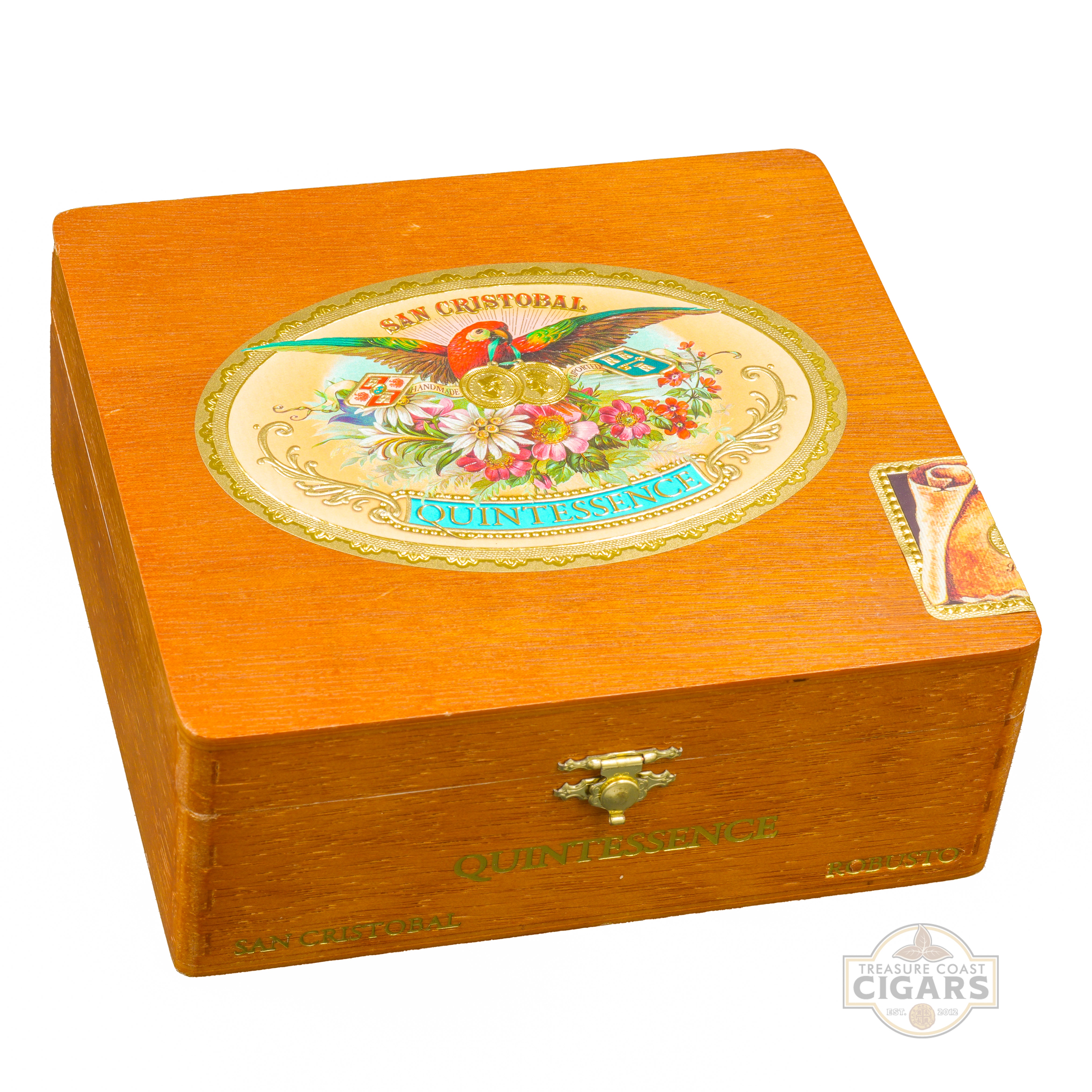 Wooden cigar box with decorative lid featuring floral design and brand name on a white background.