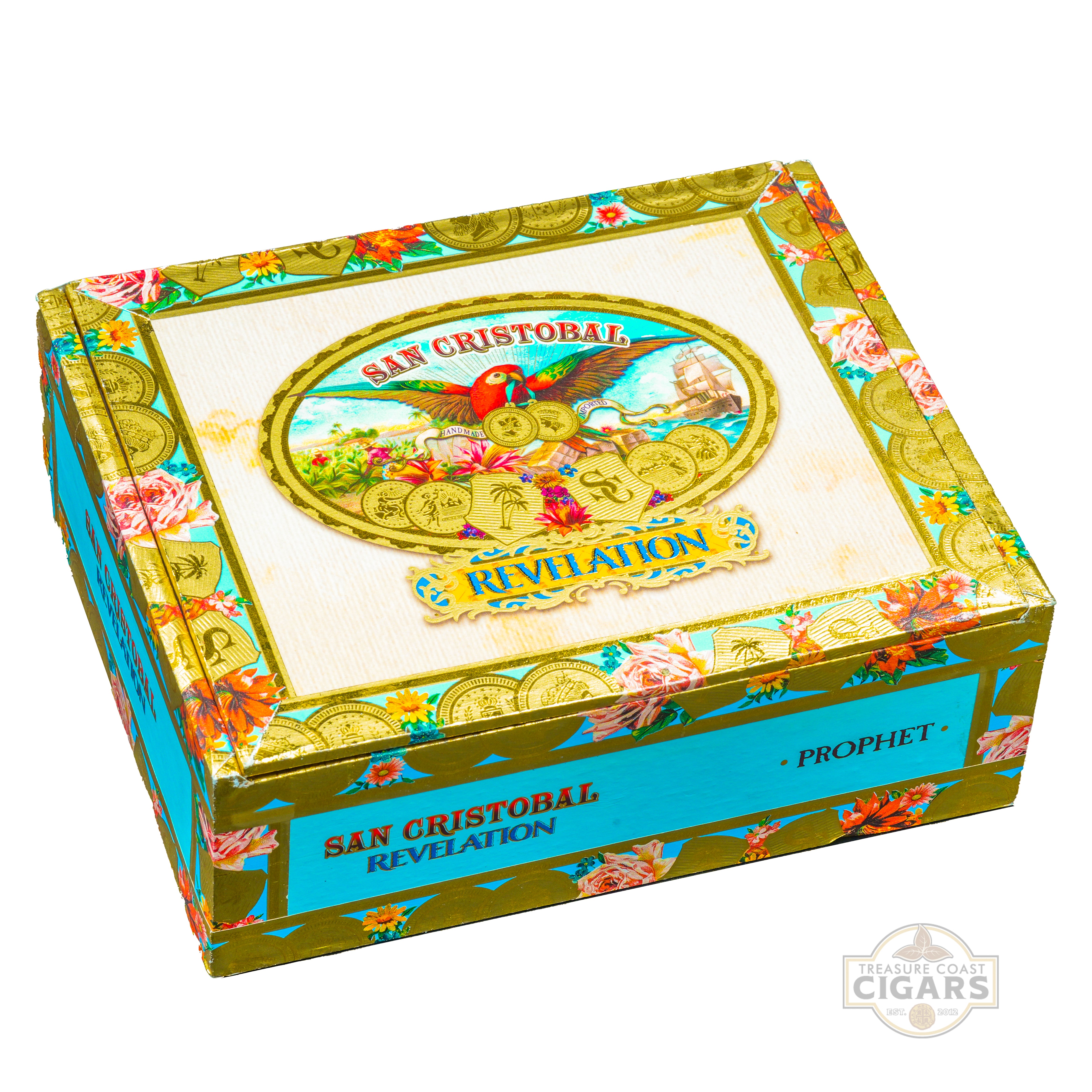 Cigar box with colorful design and 'San Cristobal Revelation' branding on a white background