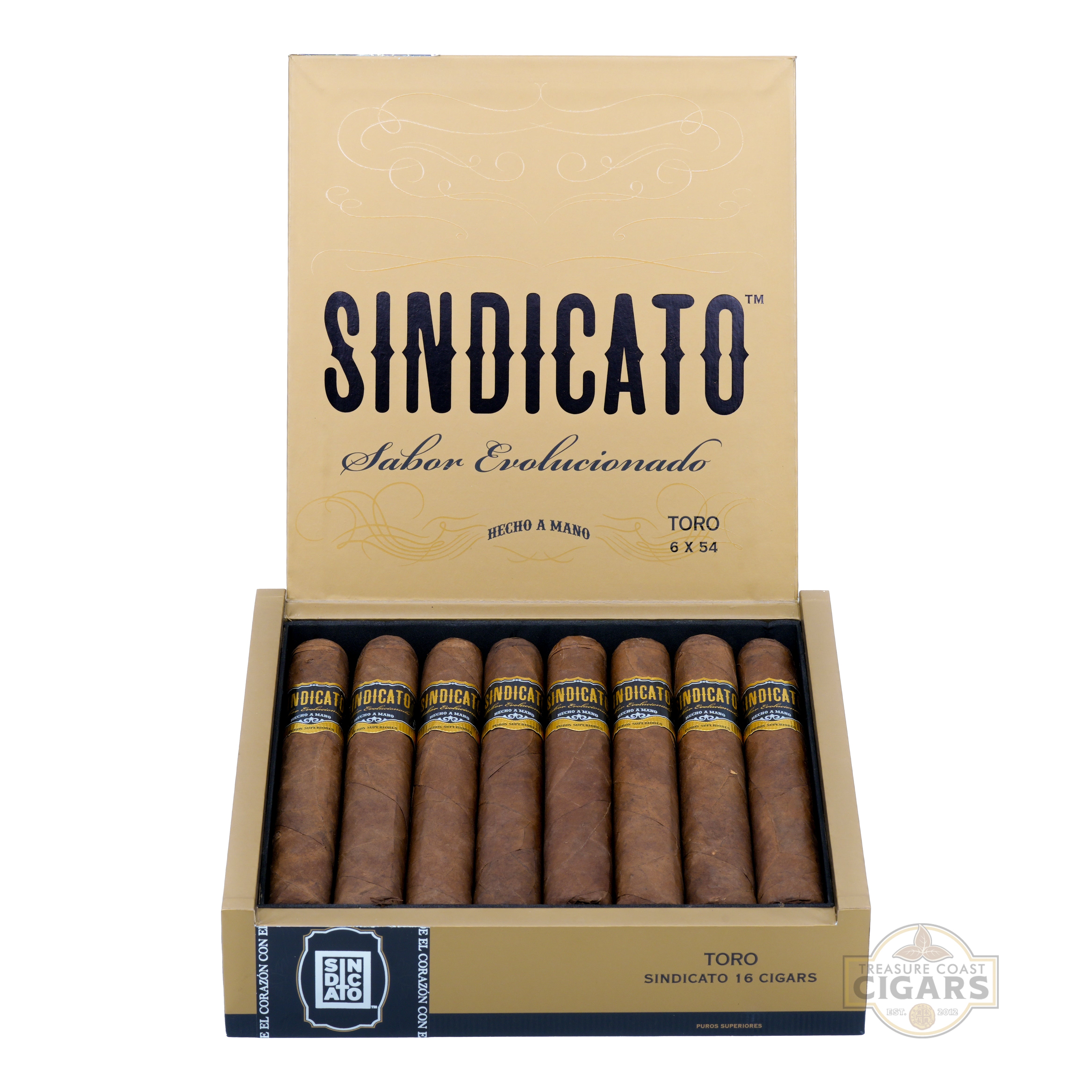 Box of Sindicato Corojo toro cigars with cigars visible inside on a white background