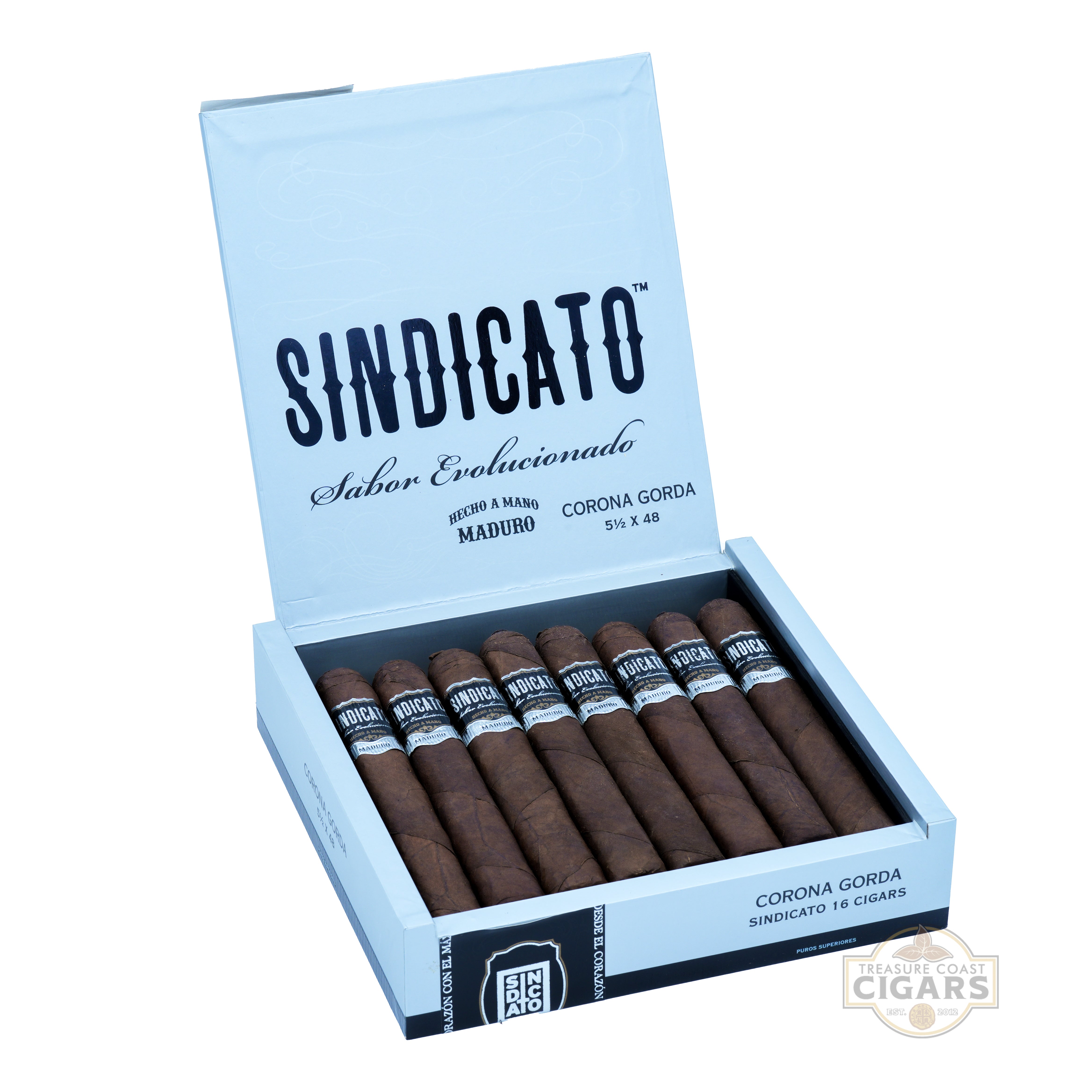 Box of Sindicato cigars with cigars inside on a white background