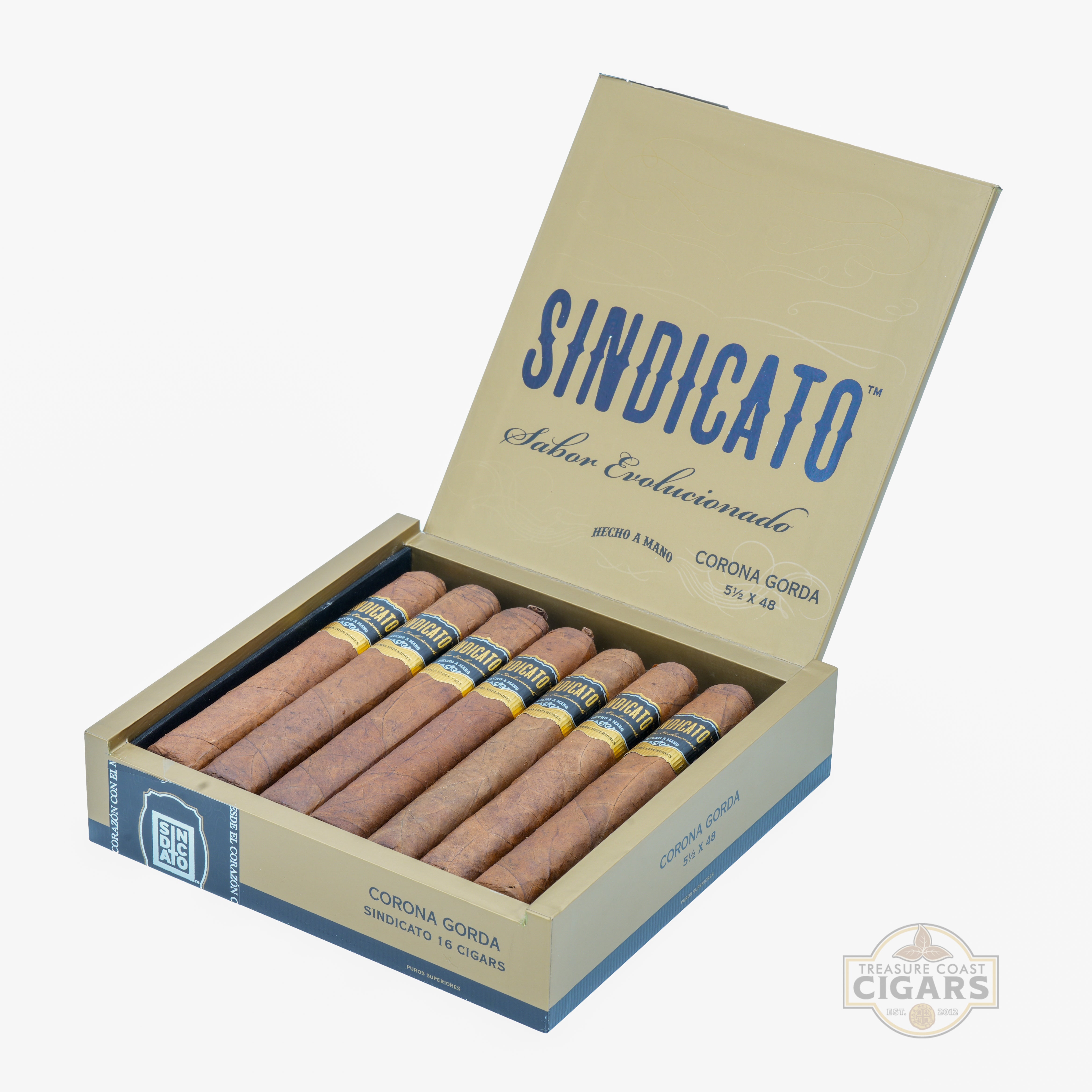 Box of Sindicato cigars with visible cigars inside on a white background