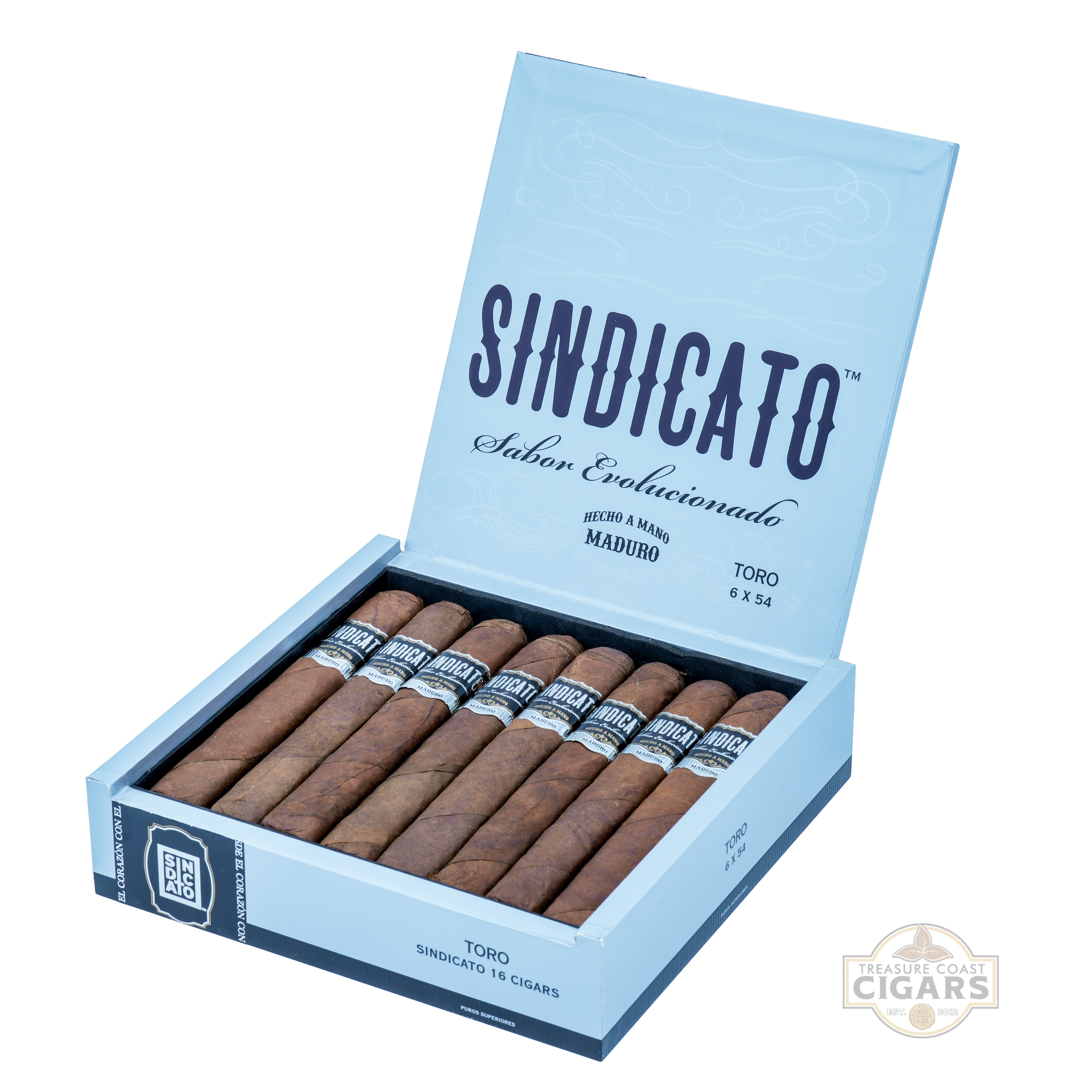 Box of Sindicato cigars with a gray cover on a white background