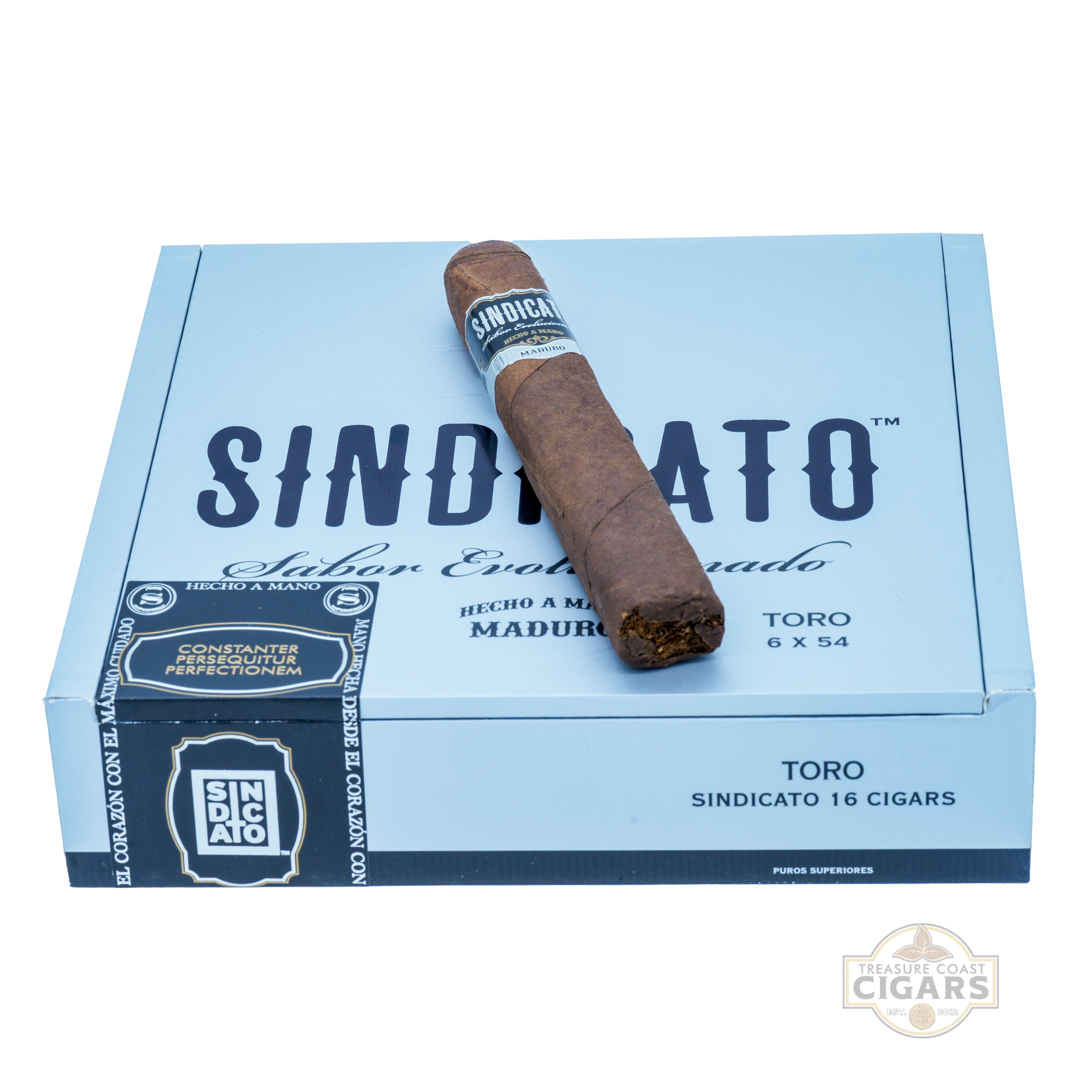Cigar box with a single cigar on top, featuring the brand 'Sindicato'.