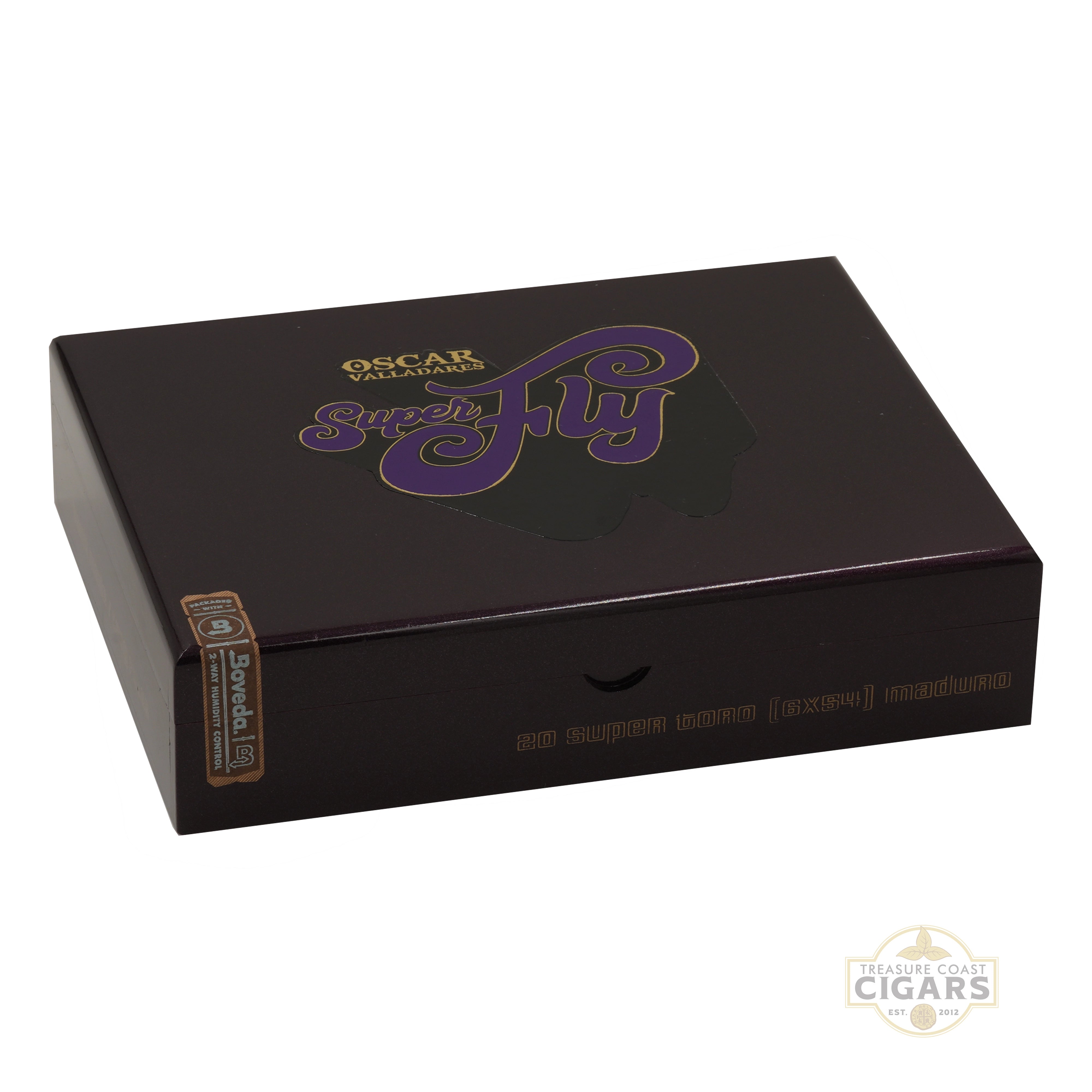 A closed box of Super Fly Toro cigars on a white background