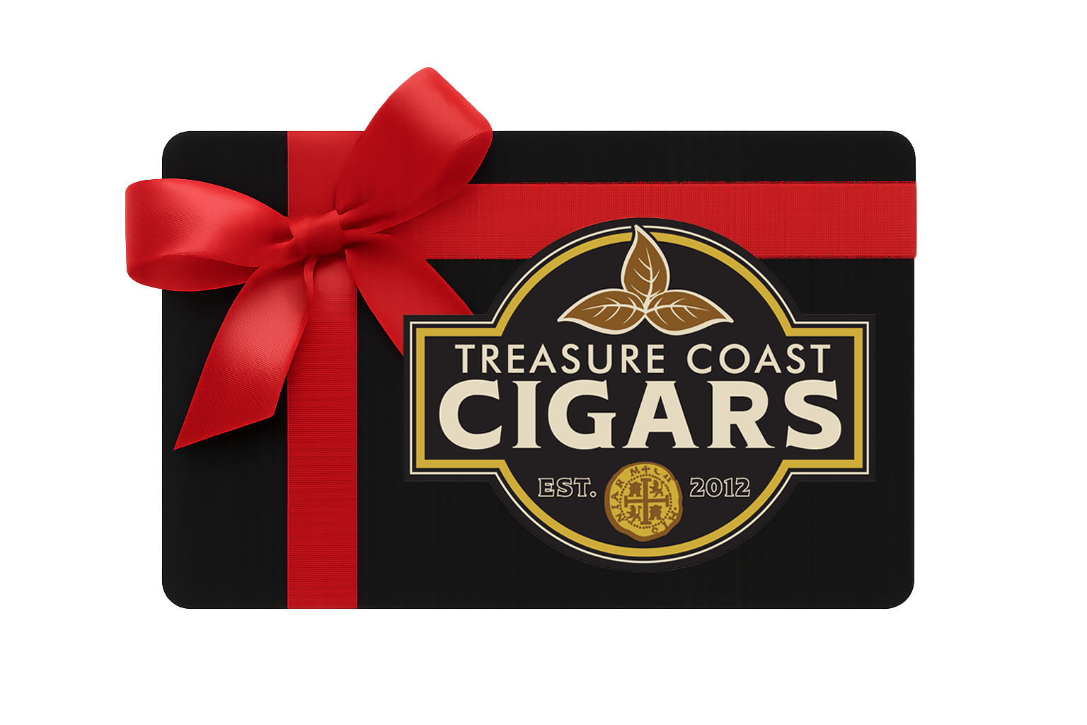Treasure Coast Cigars gift card with a red ribbon on a white background