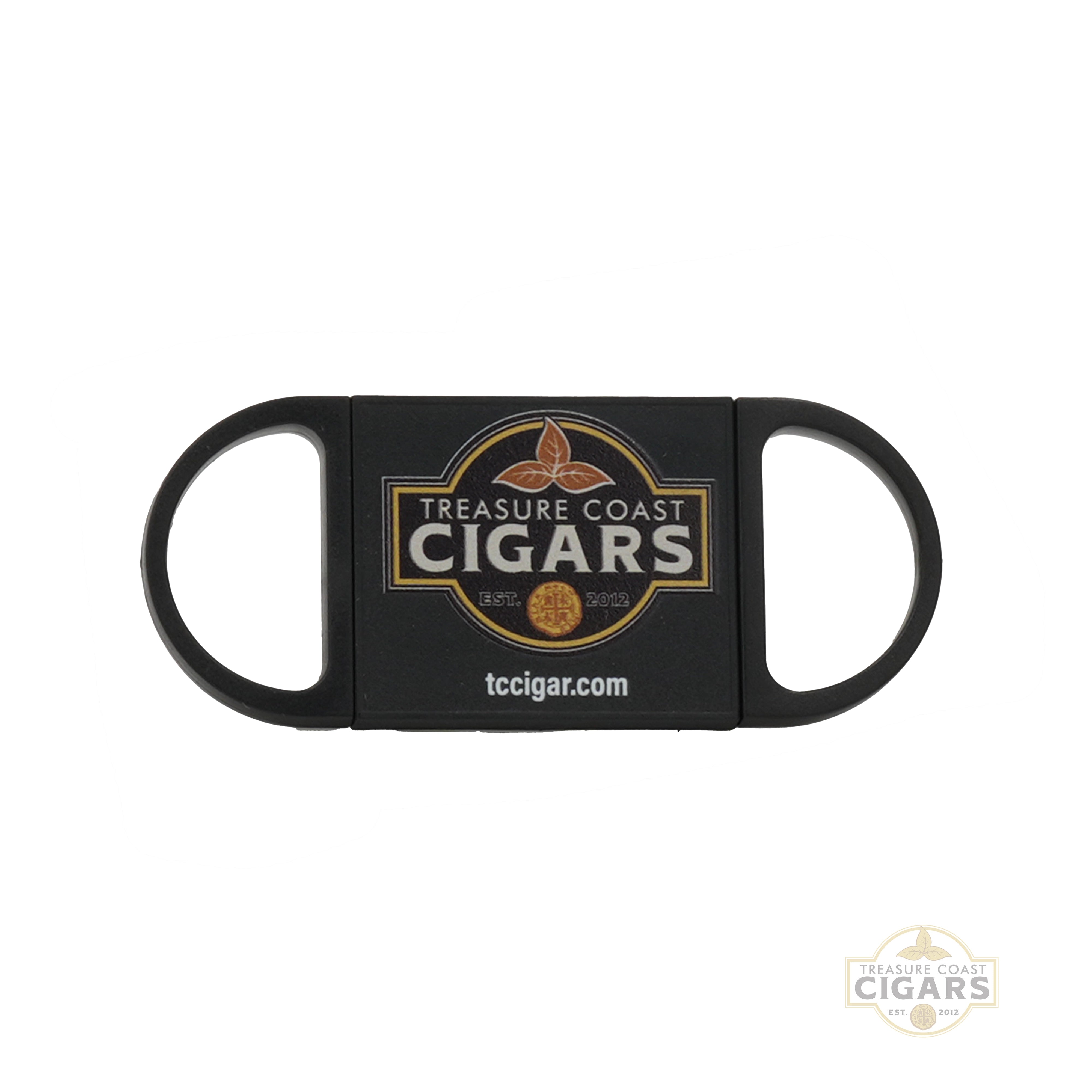 Black cigar cutter with Treasure Coast Cigars branding on a white background