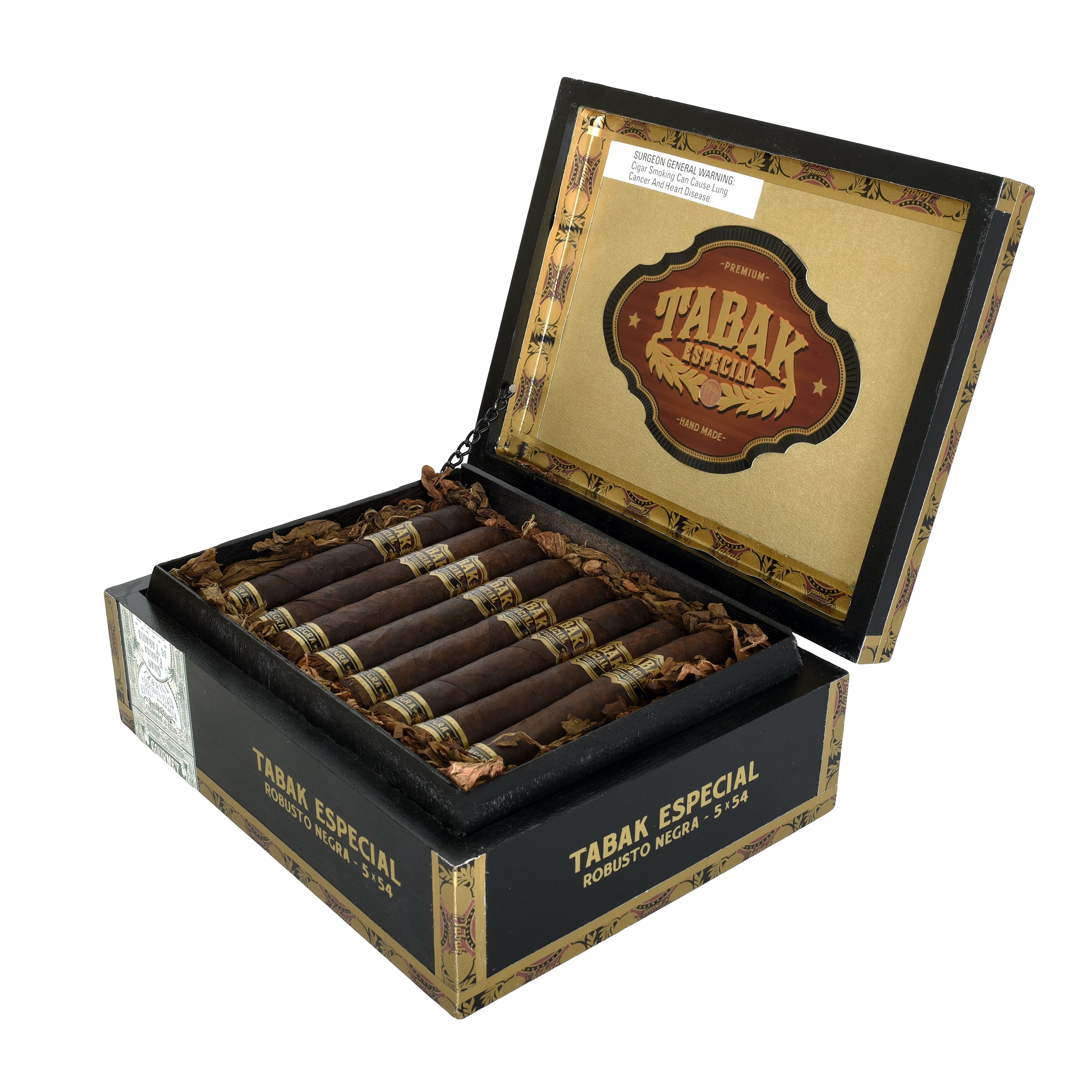 Open box of Tabak Especial Negra robusto cigars with cigars visible inside on a white background