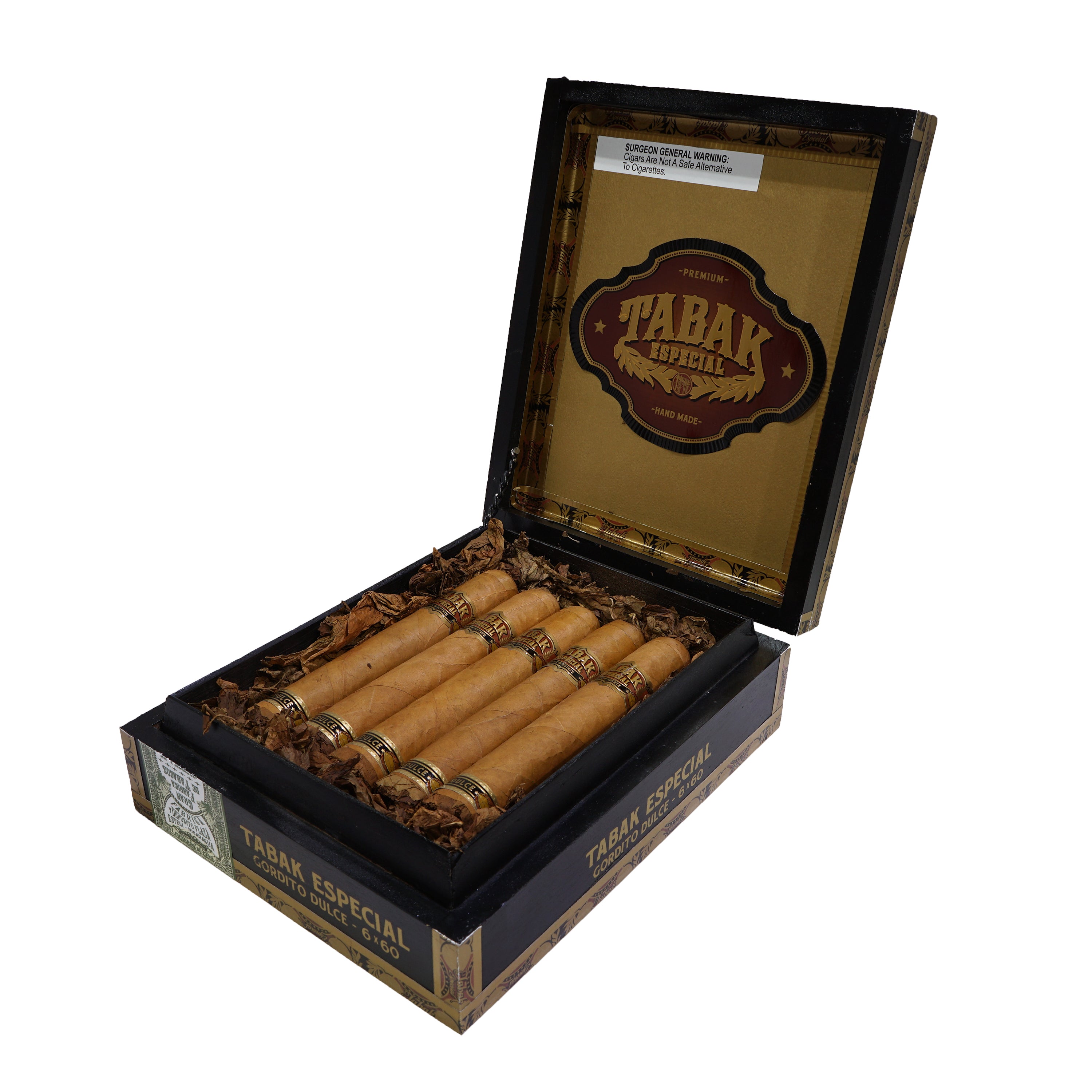 Open box of Tabak Especial cigars on a white background