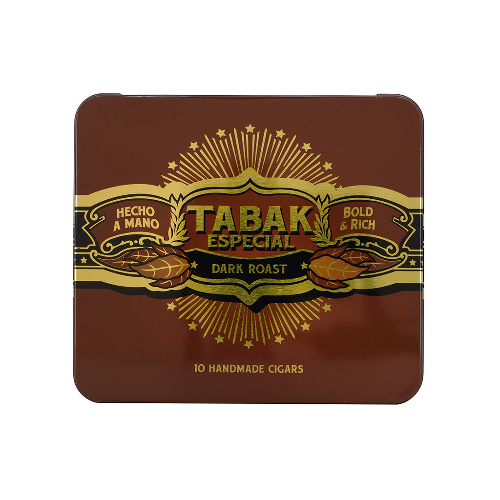 Tabak Especial dark roast cigar tin with gold and black text on a brown background