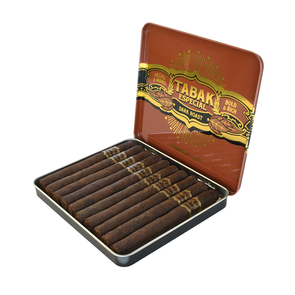 Open tin of cigars with 'Tabak Especial' branding on a white background
