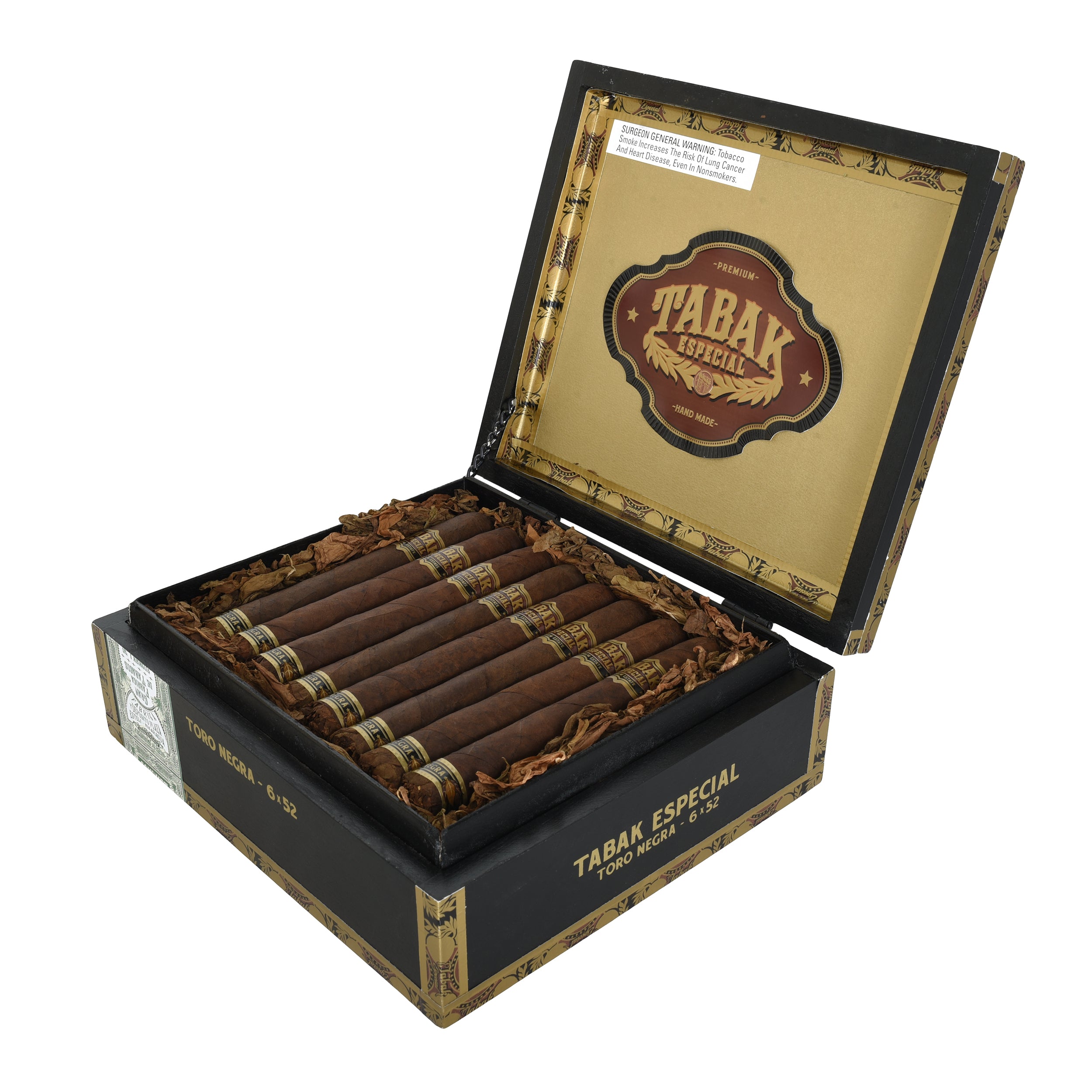 Open box of Tabak Especial cigars on a white background