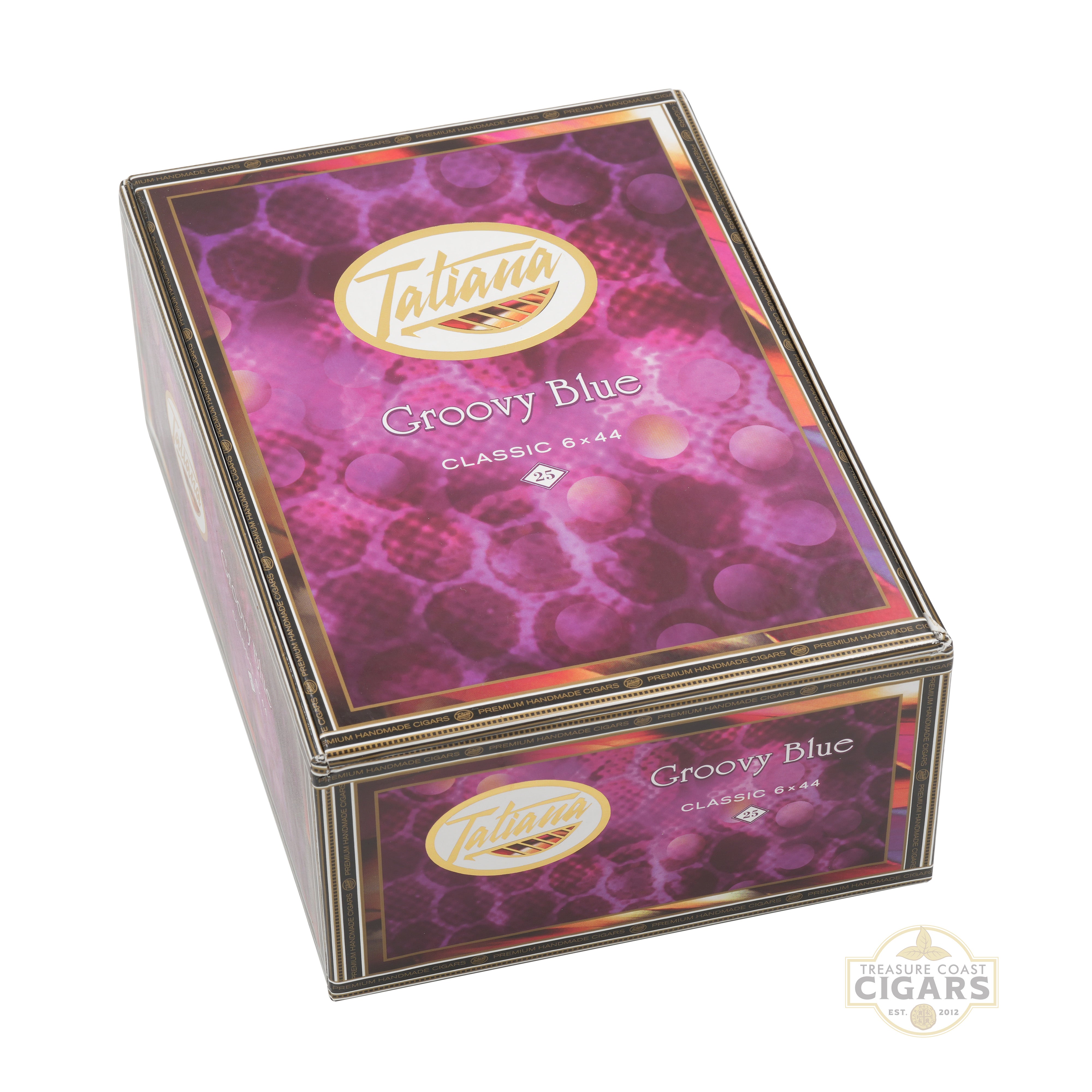 Tatiana Groovy Blue cigar box with purple design and gold accents on a white background