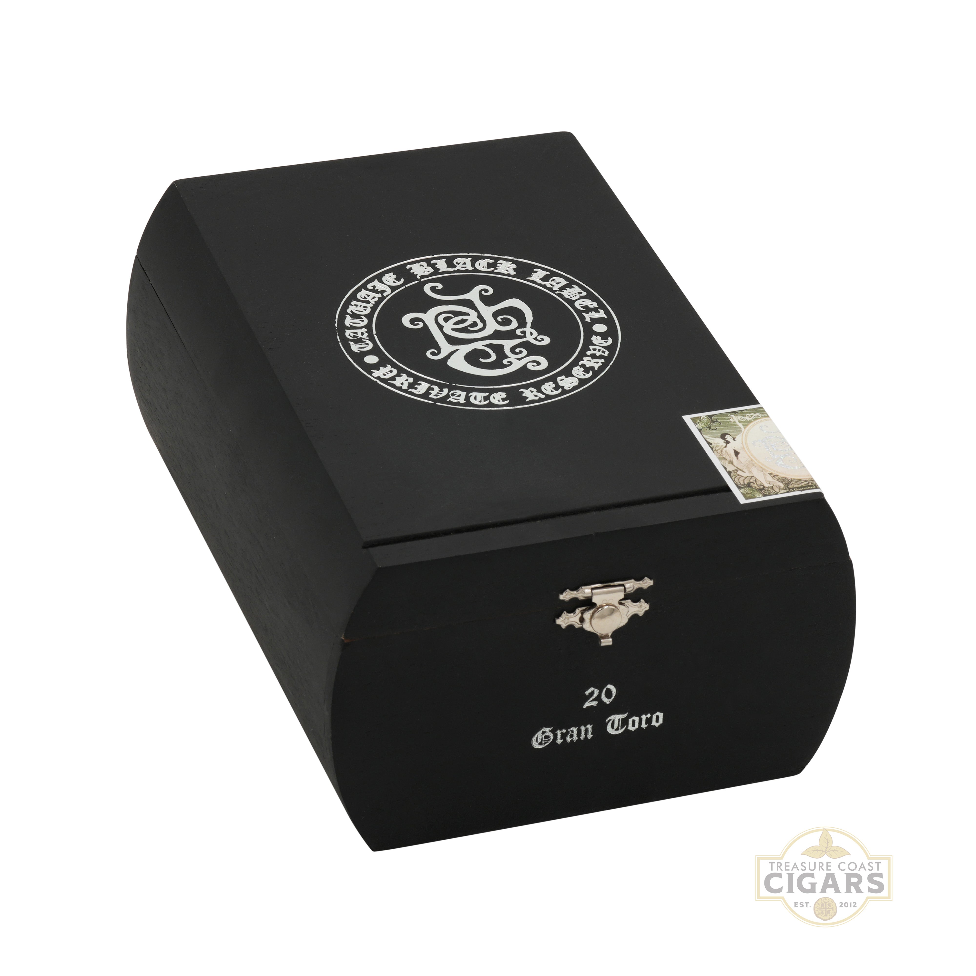 Tatuaje Black cigar box with decorative emblem and text on a white background