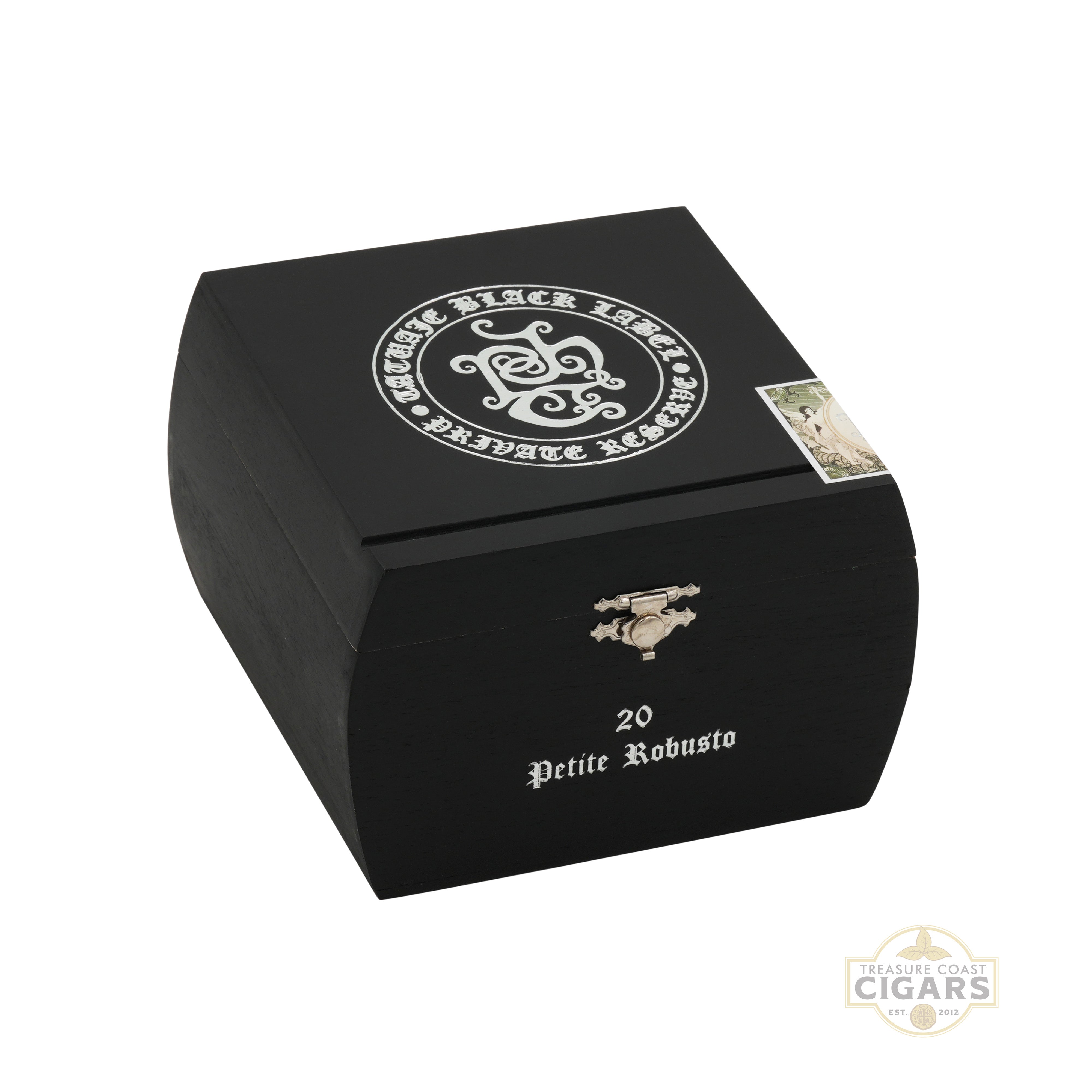 Tatuaje Black Label cigar box with white text and logo on a white background