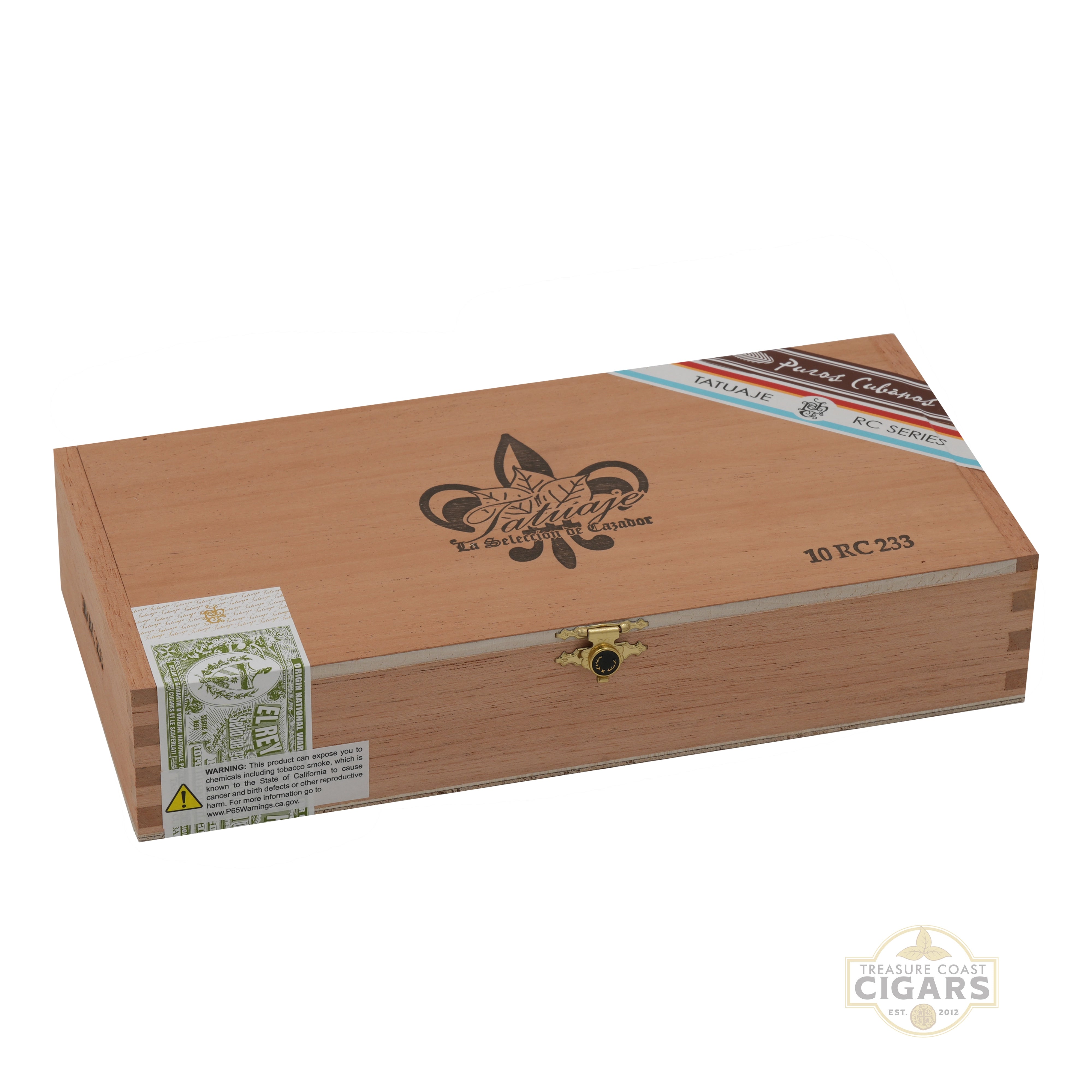 Tatuaje RC233 Wooden cigar box with brand logo on a white background