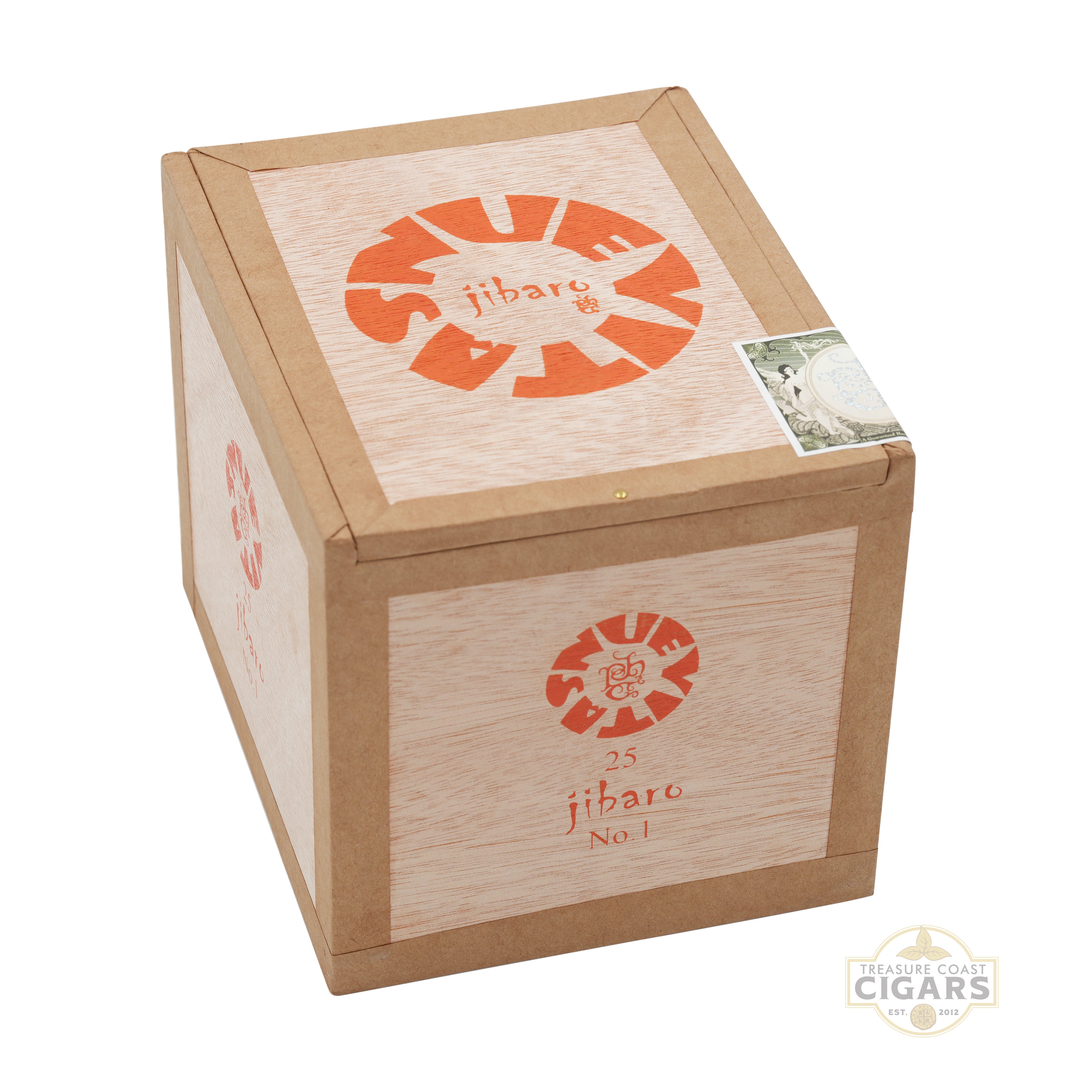 Wooden cigar box with 'jibaro' branding on a white background