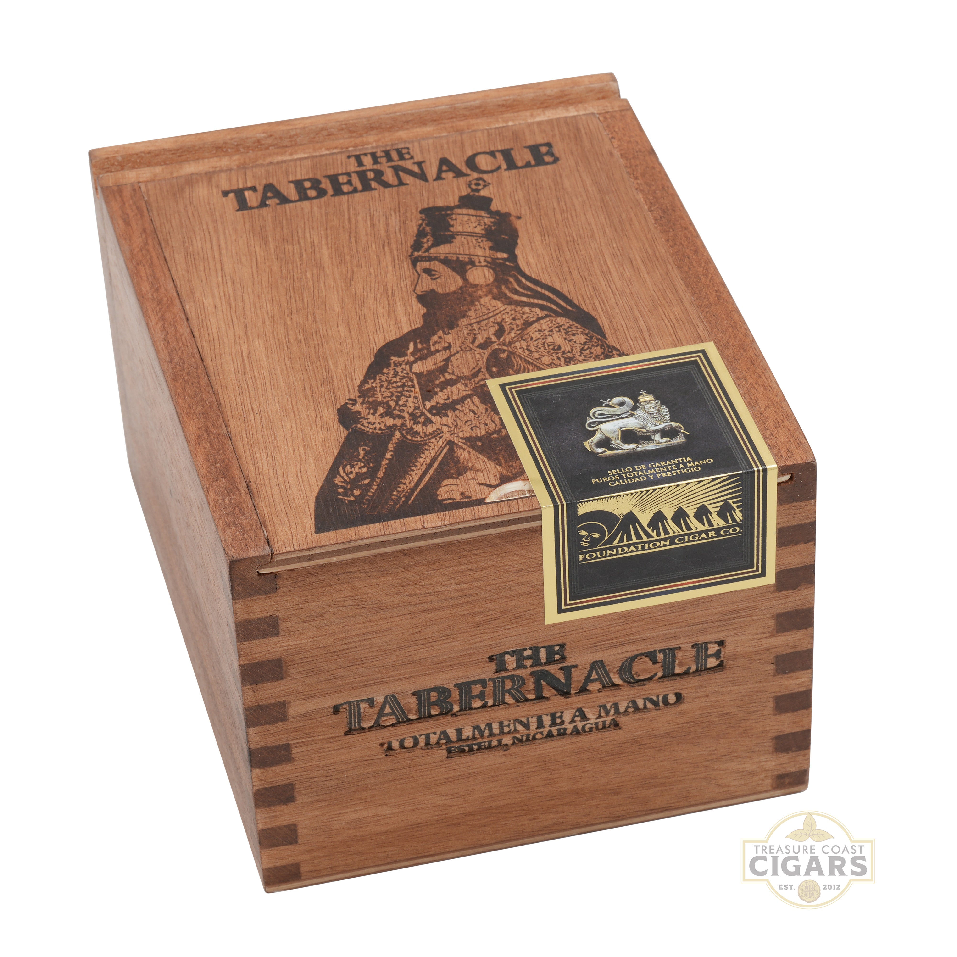 Wooden box with 'The Tabernacle' branding and design on a white background
