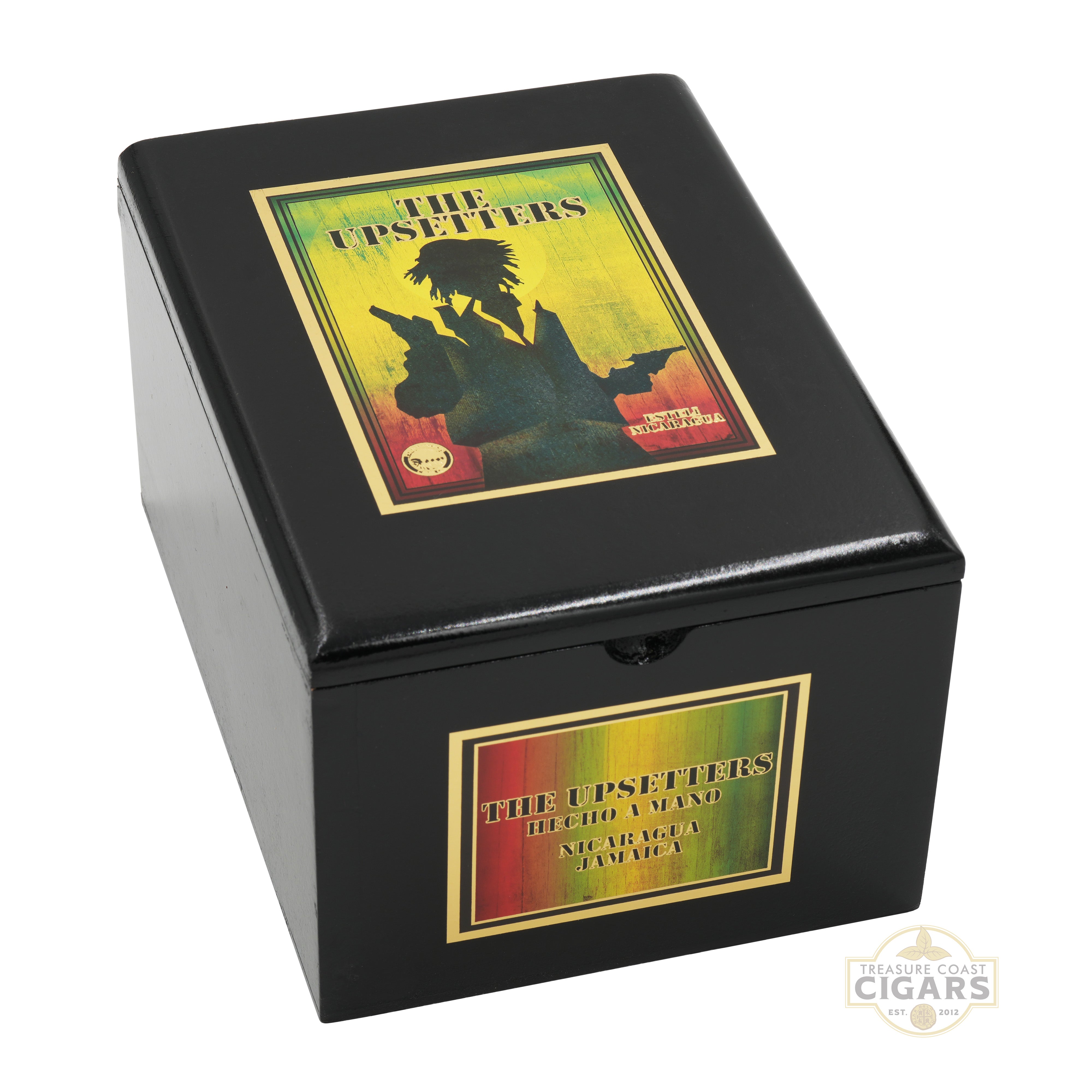 Black cigar box with 'The Upsetters' design on a white background