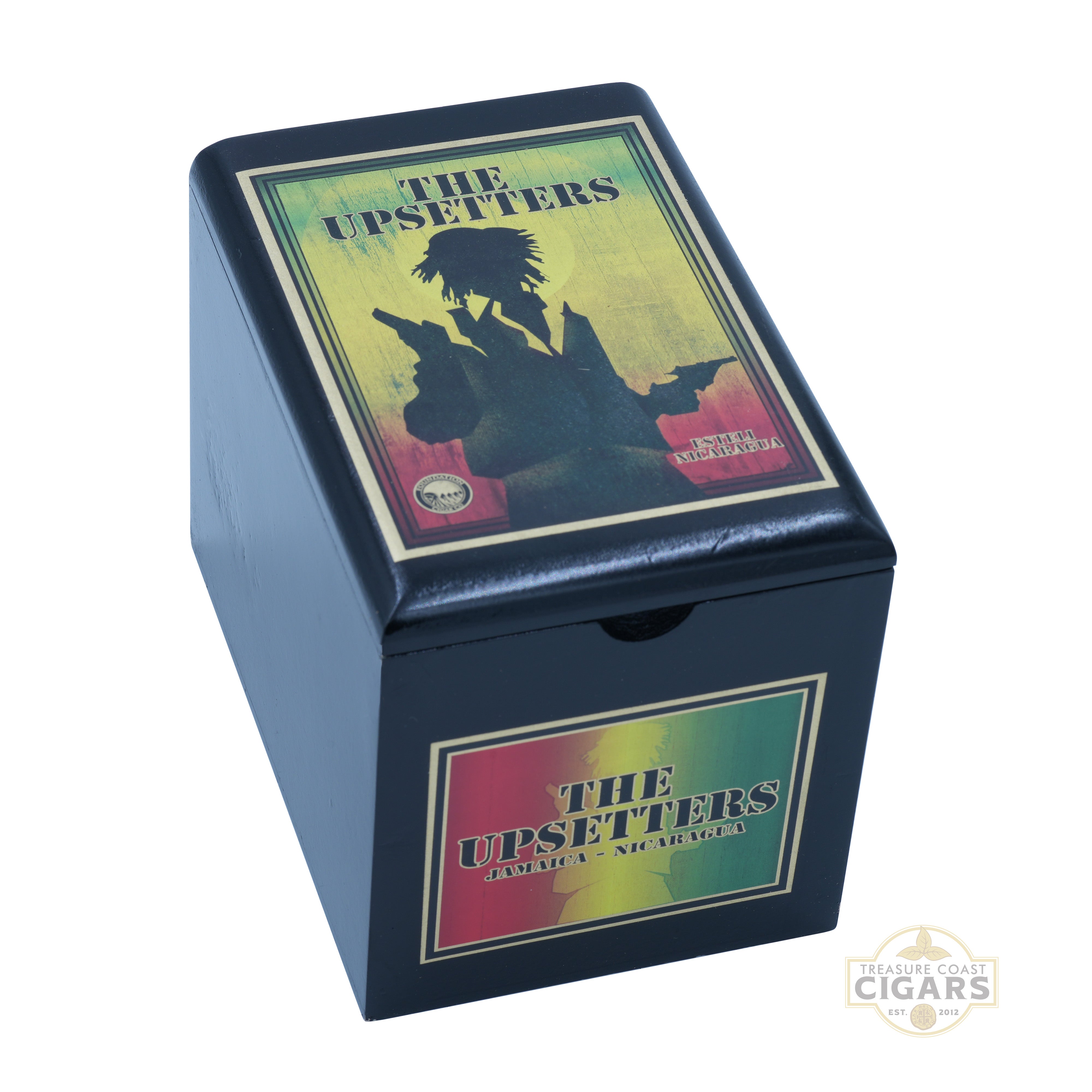 Cigar box with 'The Upsetters' branding on a white background