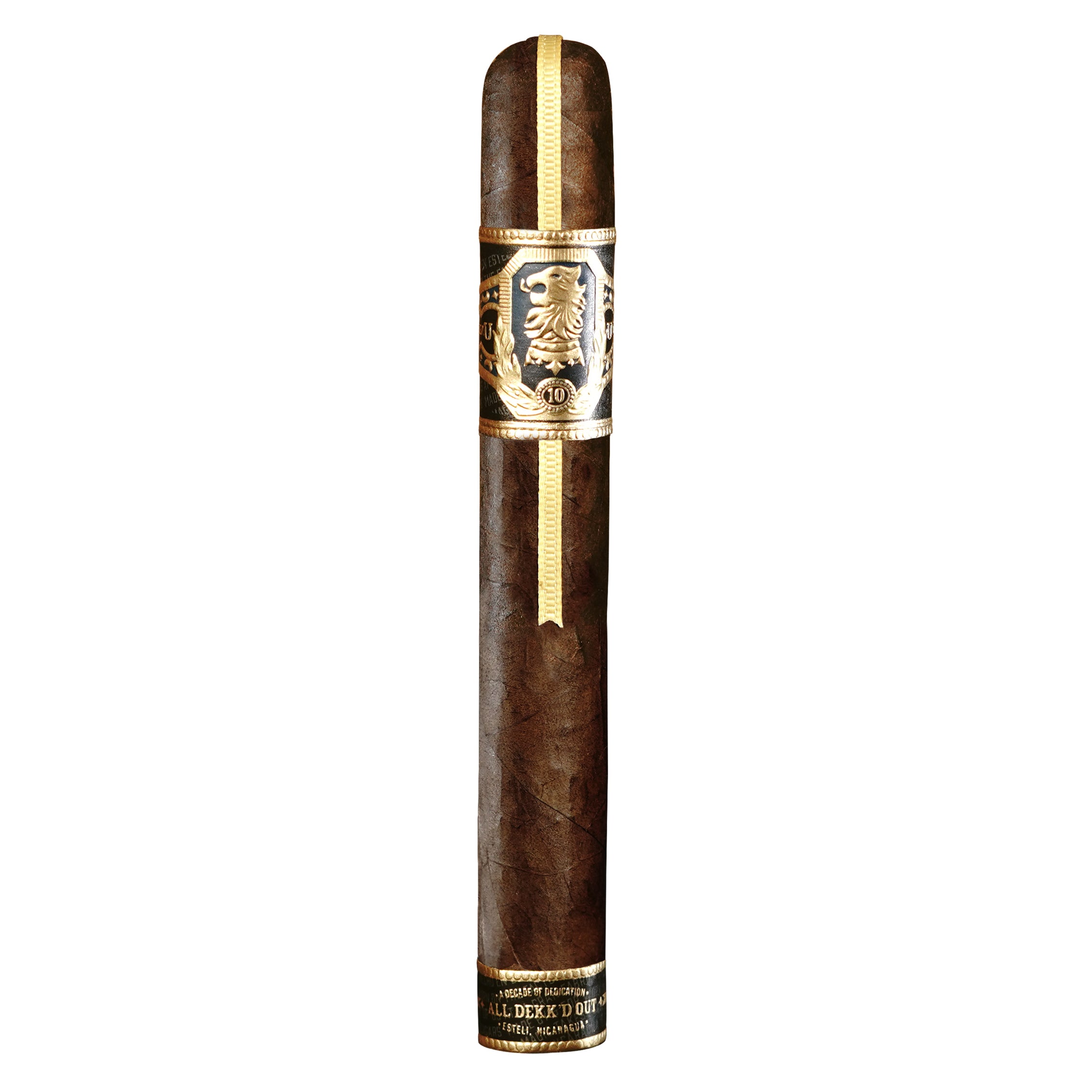 Cigar with a gold band and logo on a white background