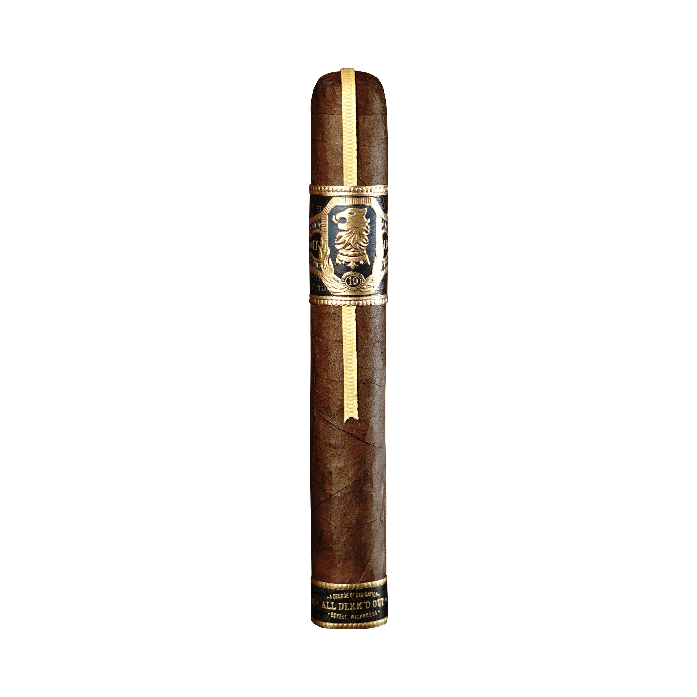 Cigar with a gold band and logo on a white background