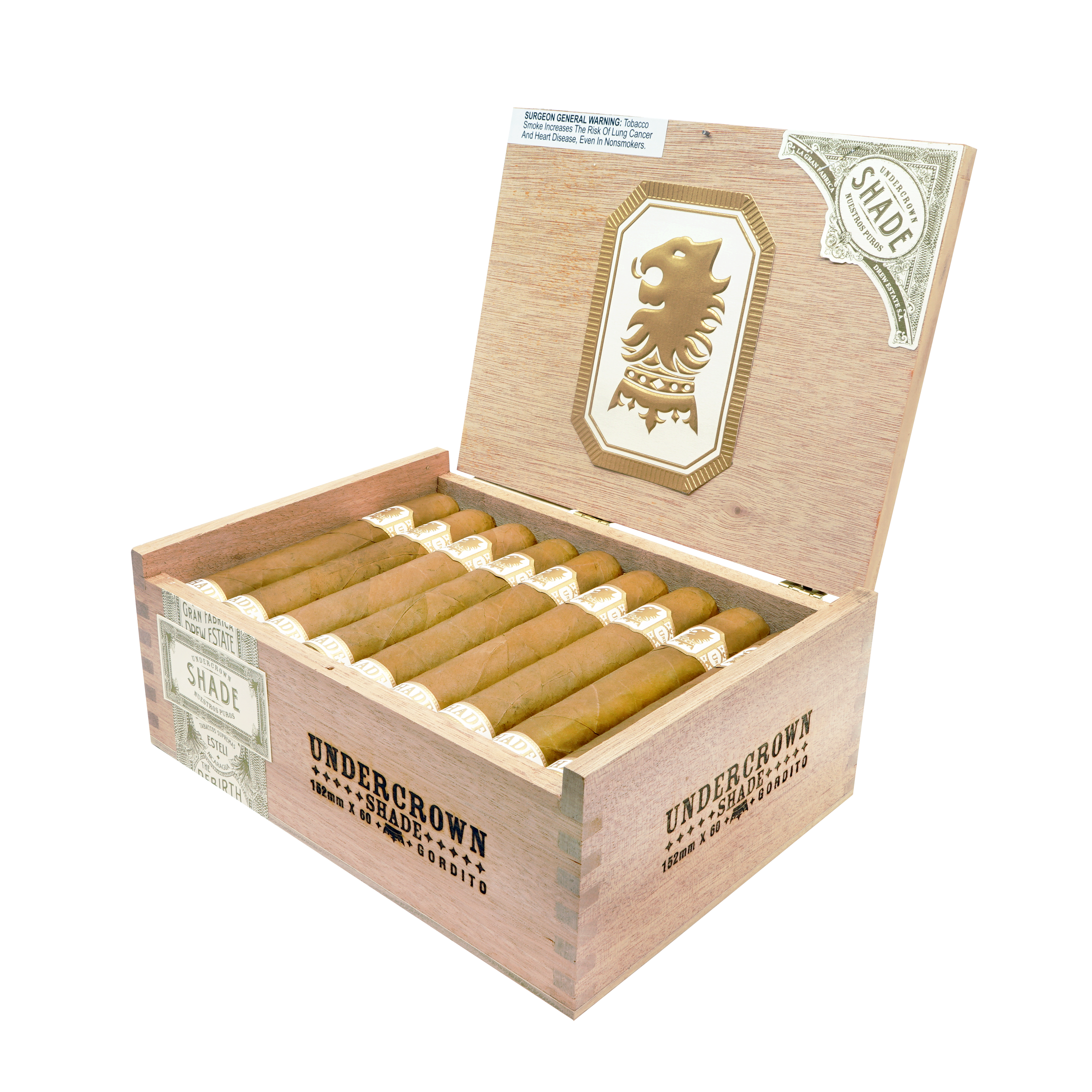 Open wooden box of Undercrown shade cigars with visible branding on a white background