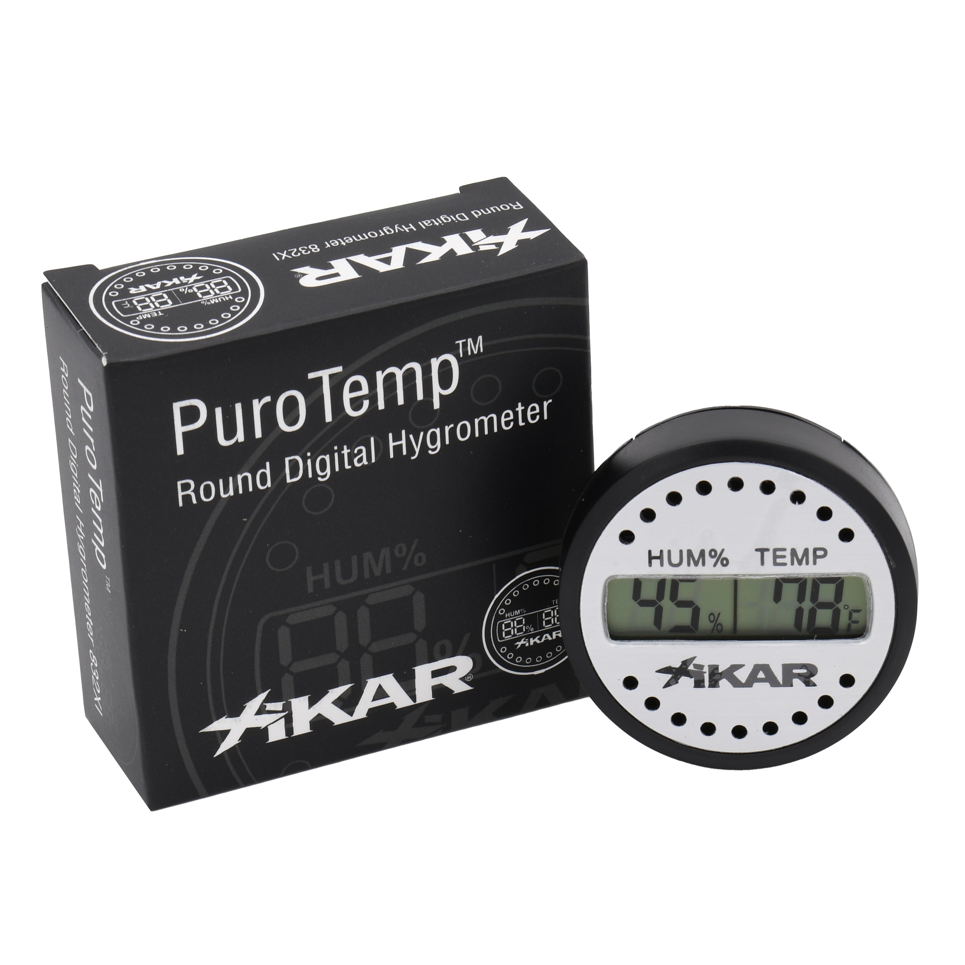 Xikar PuroTemp round digital hygrometer with packaging on a white background