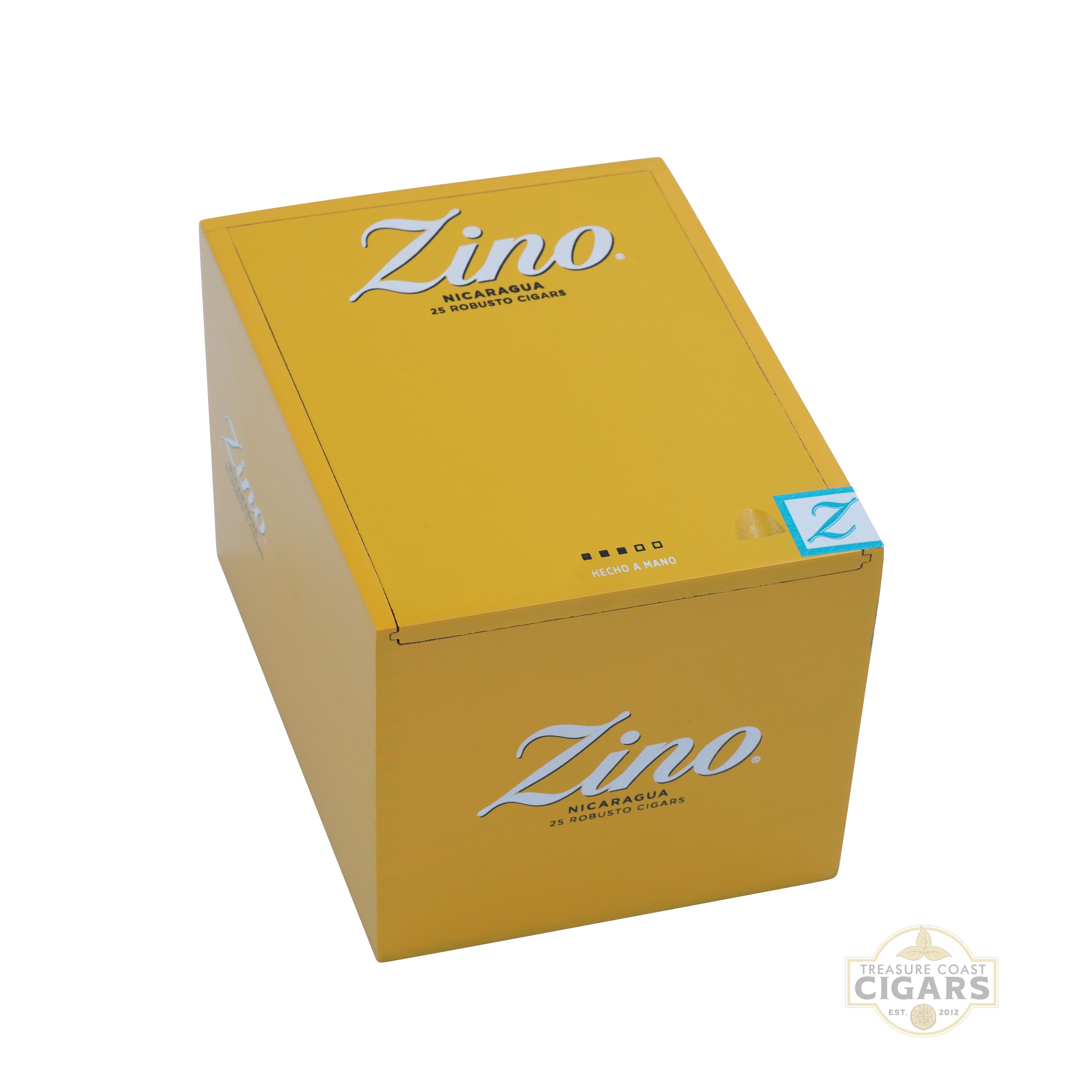 Yellow box of Zino Nicaragua Robusto cigars with brand name on a white background