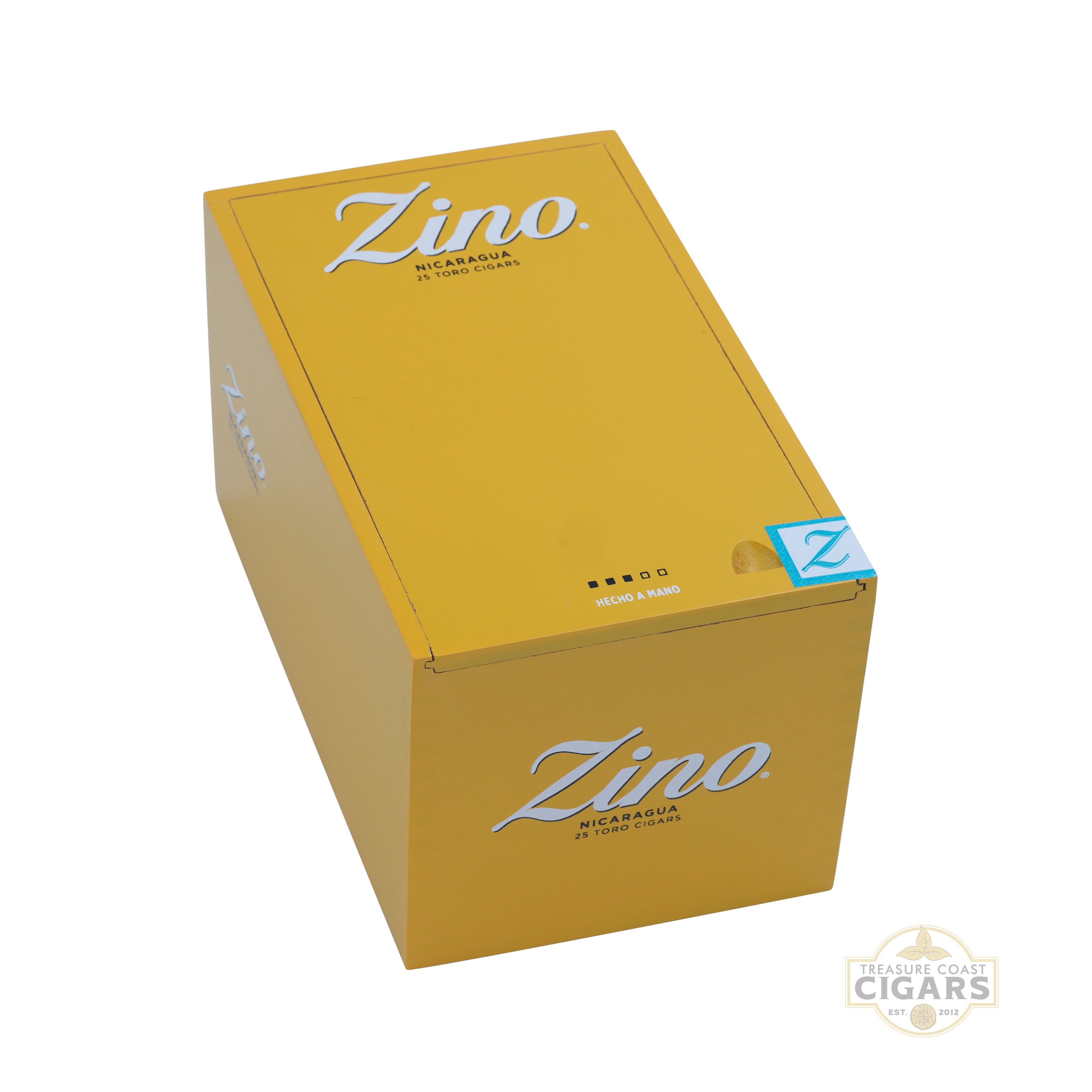 Yellow Zino Nicaragua Toro cigar box on a white background