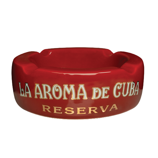 Red ashtray with 'La Aroma de Cuba Reserva' text on a white background