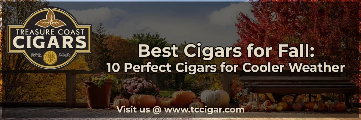 View from a deck showing a fall scene with a Treasure Coast Cigars logo