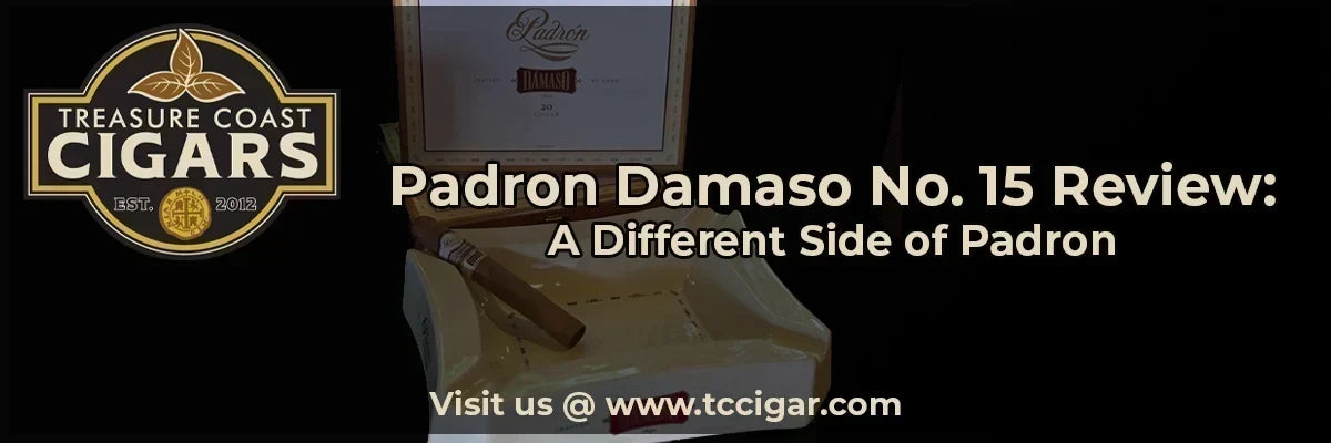 A single Padron Damaso cigar in a Damaso Ashtray on a black background