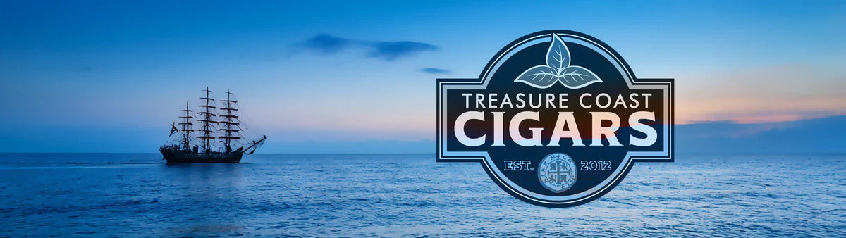 A ship at sunset with a Treasure Coast Cigars logo overlay