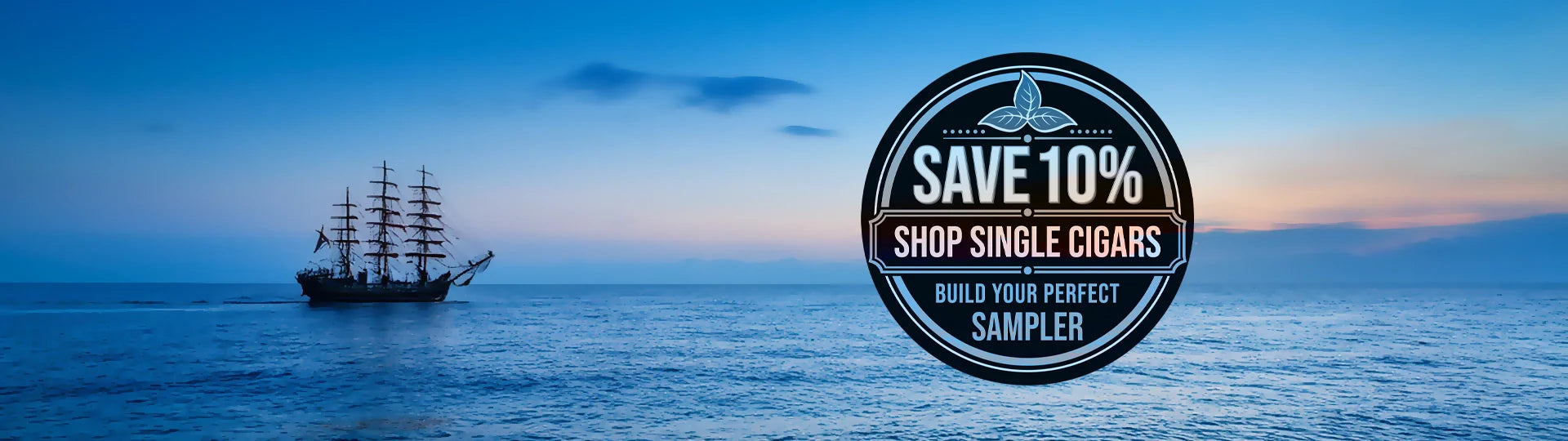 A ship at sunset with a TCCigar.com advertisement to Save 10% when you Shop Single Cigars