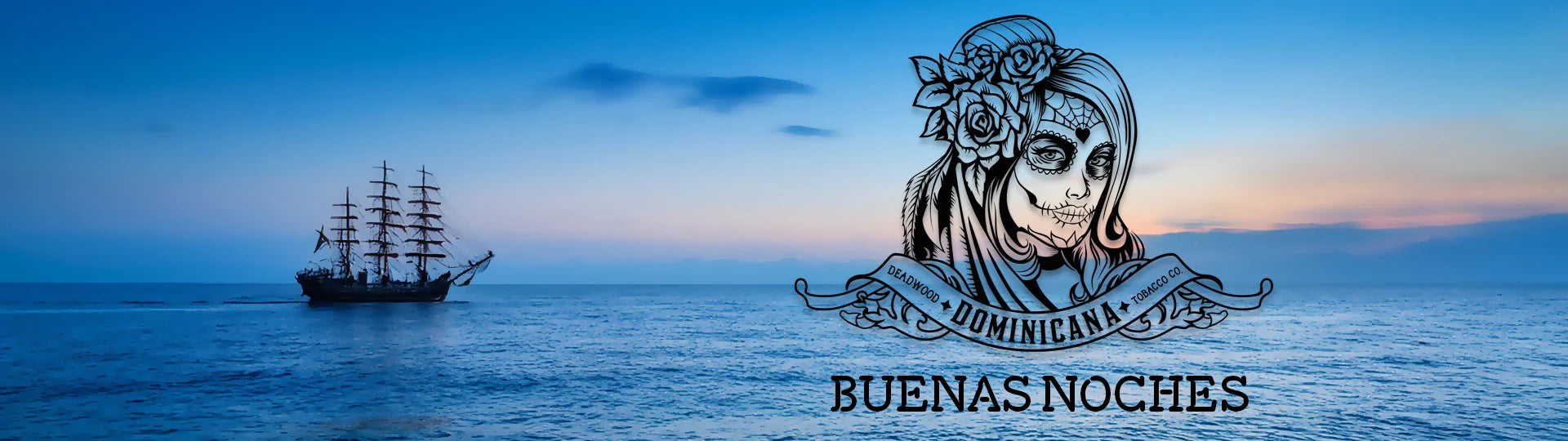 Deadwood Dominicana Buenas Noches logo overlayed on a ship sailing at dusk