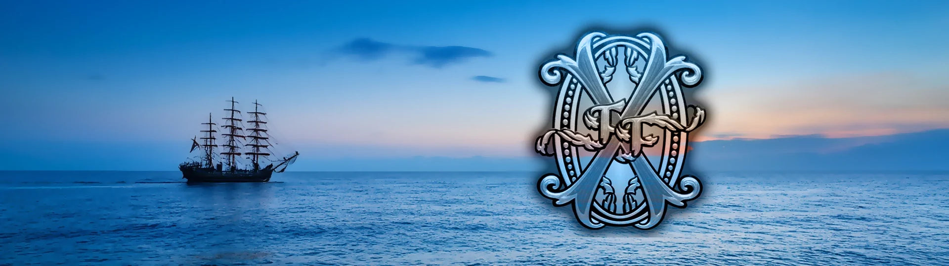 A ship sailing at dusk with an OPUS X logo overlay on the horizon