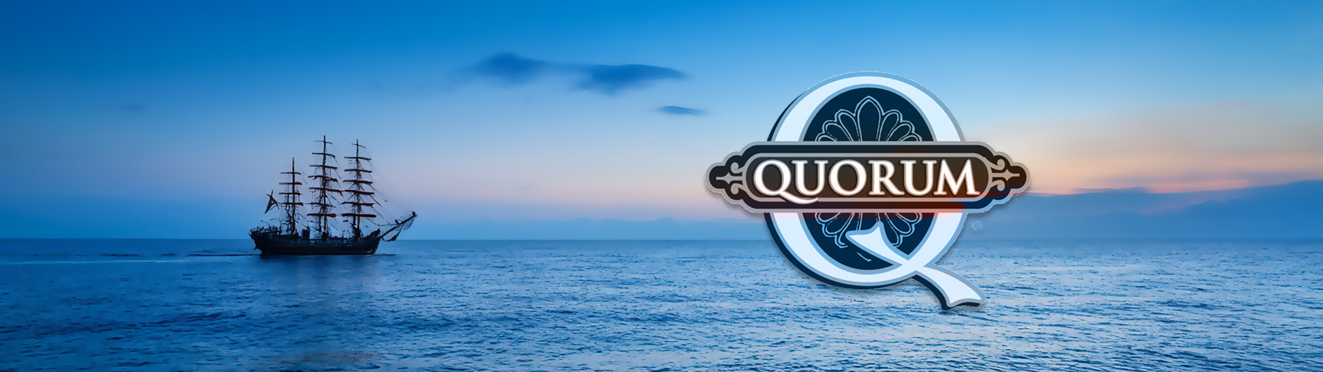 Silhouette of a tall sailing ship on a peaceful ocean at sunset with colorful sky, featuring the Quorum logo overlay.