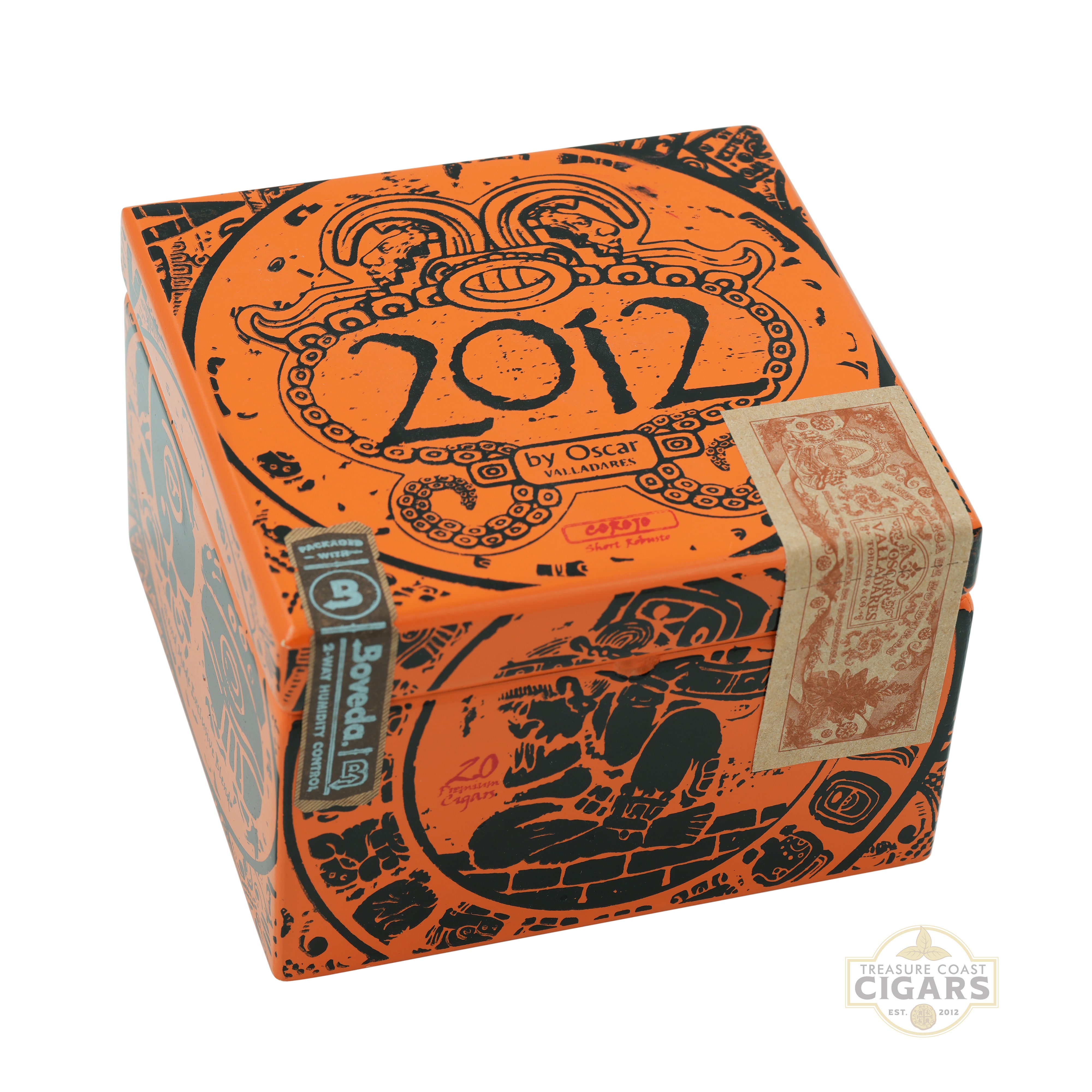 Cigar box with '2012' and decorative design on an orange background