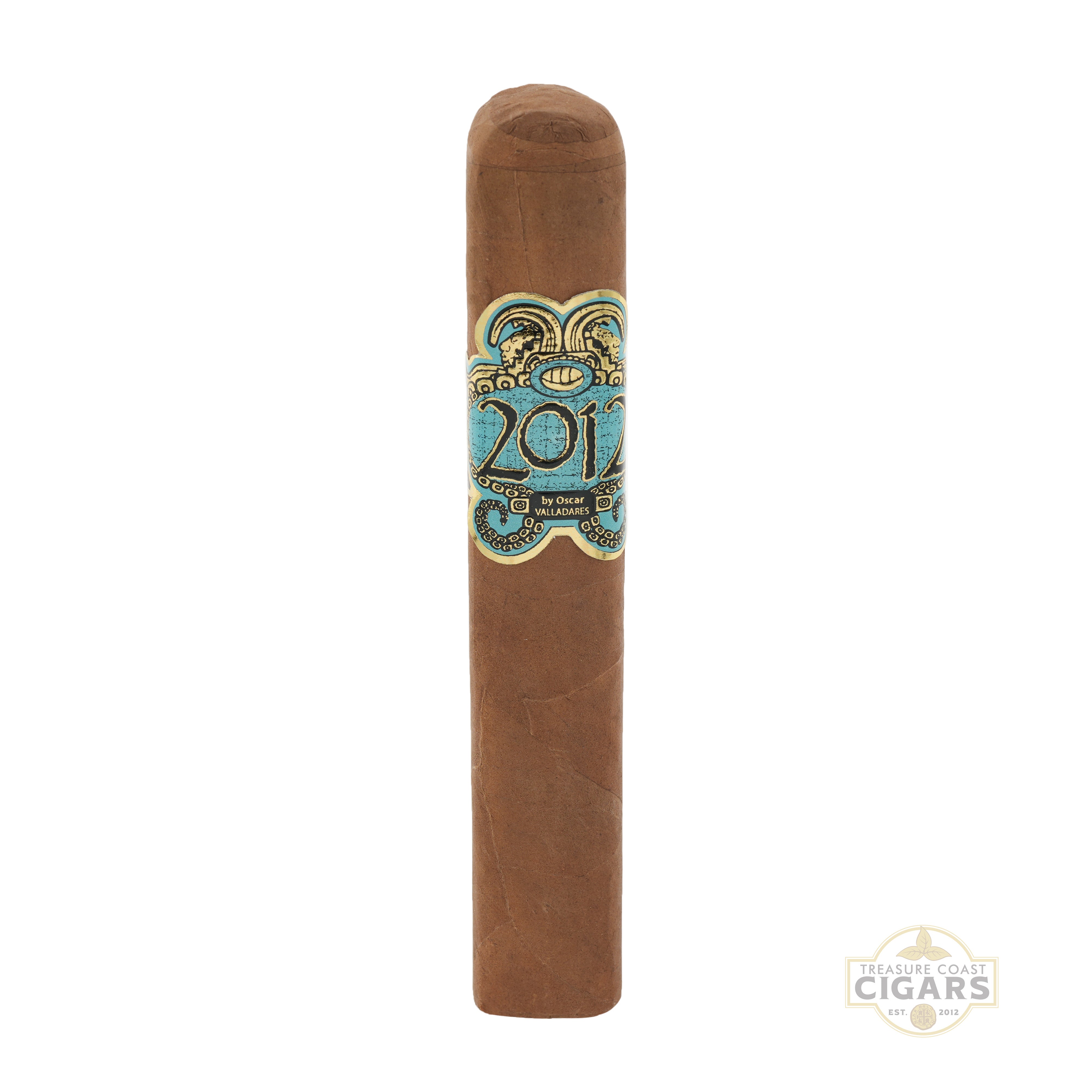 Cigar with a blue and gold label on a white background