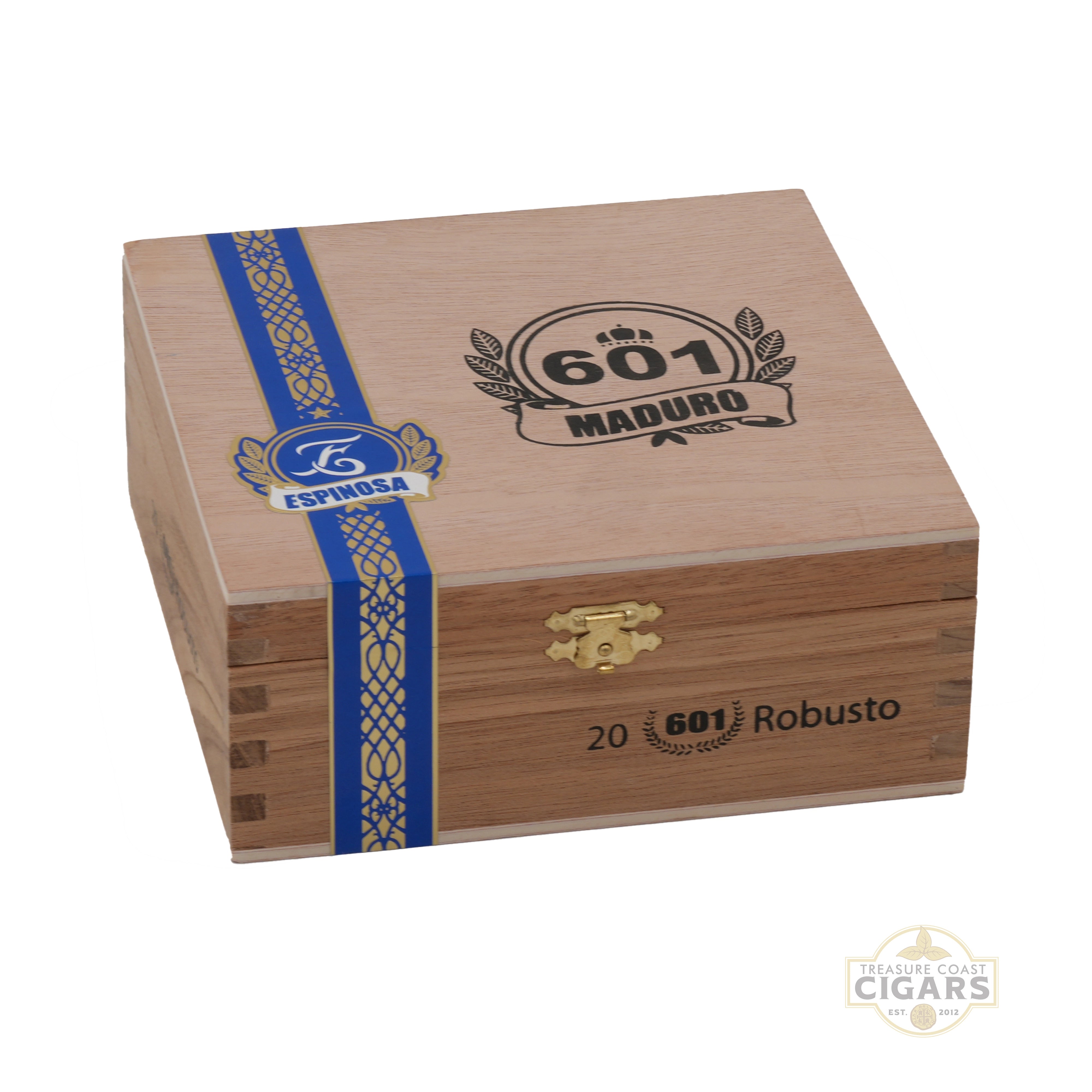 A box of 601 Blue Label maduro robusto on a white background