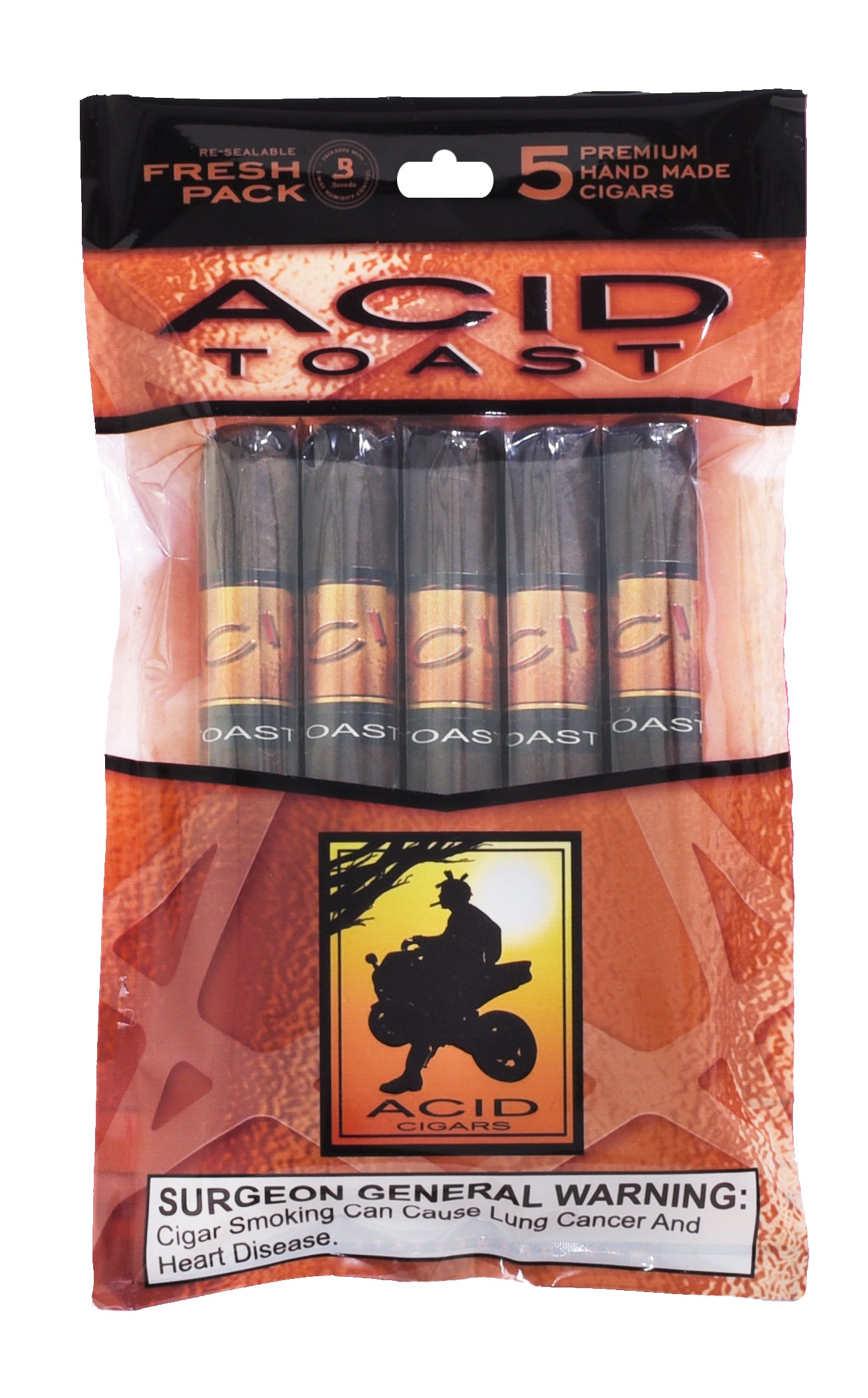 Fresh Pack of Acid Toast cigars with warning label on an orange background
