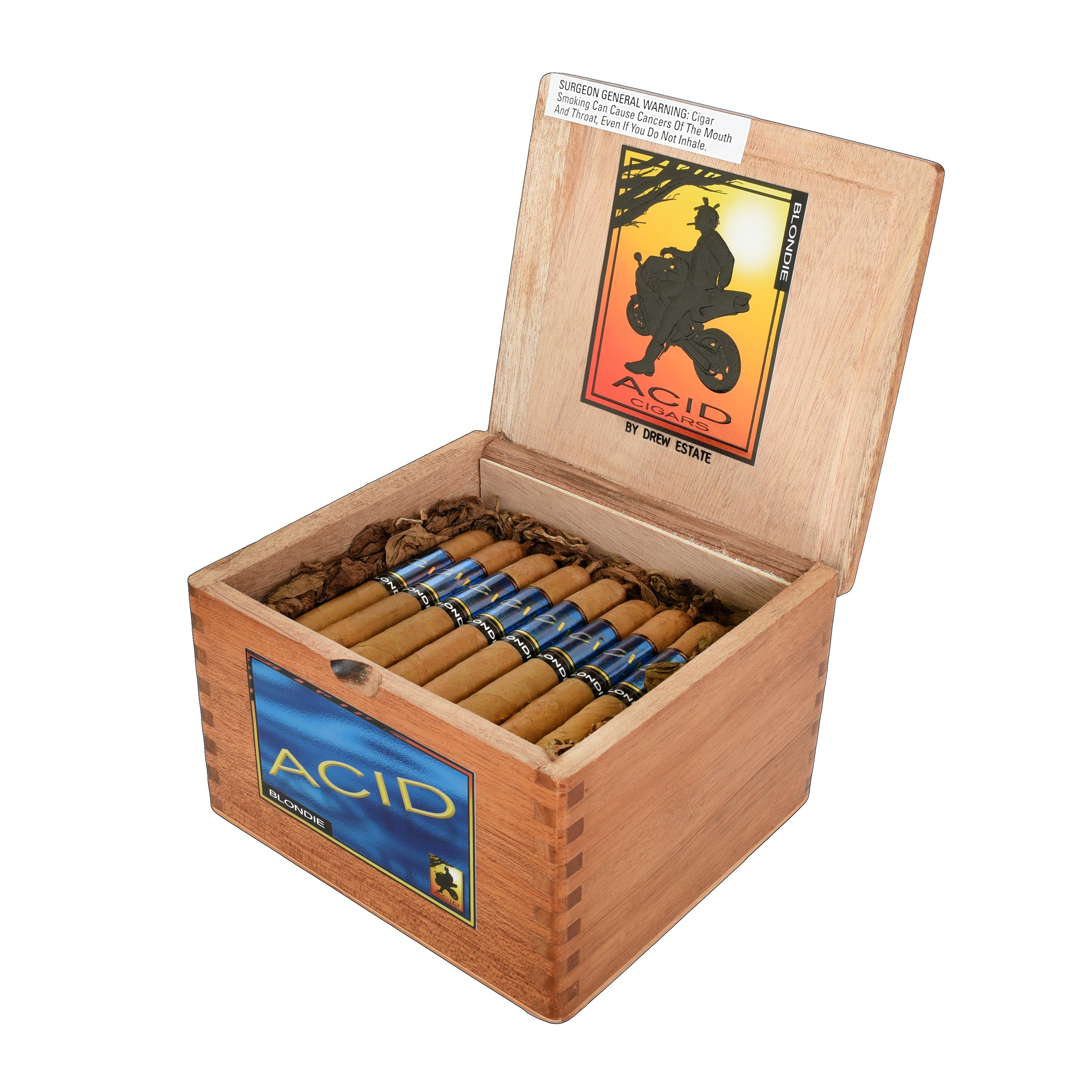 Open wooden box of Acid cigars with cigars inside on a white background